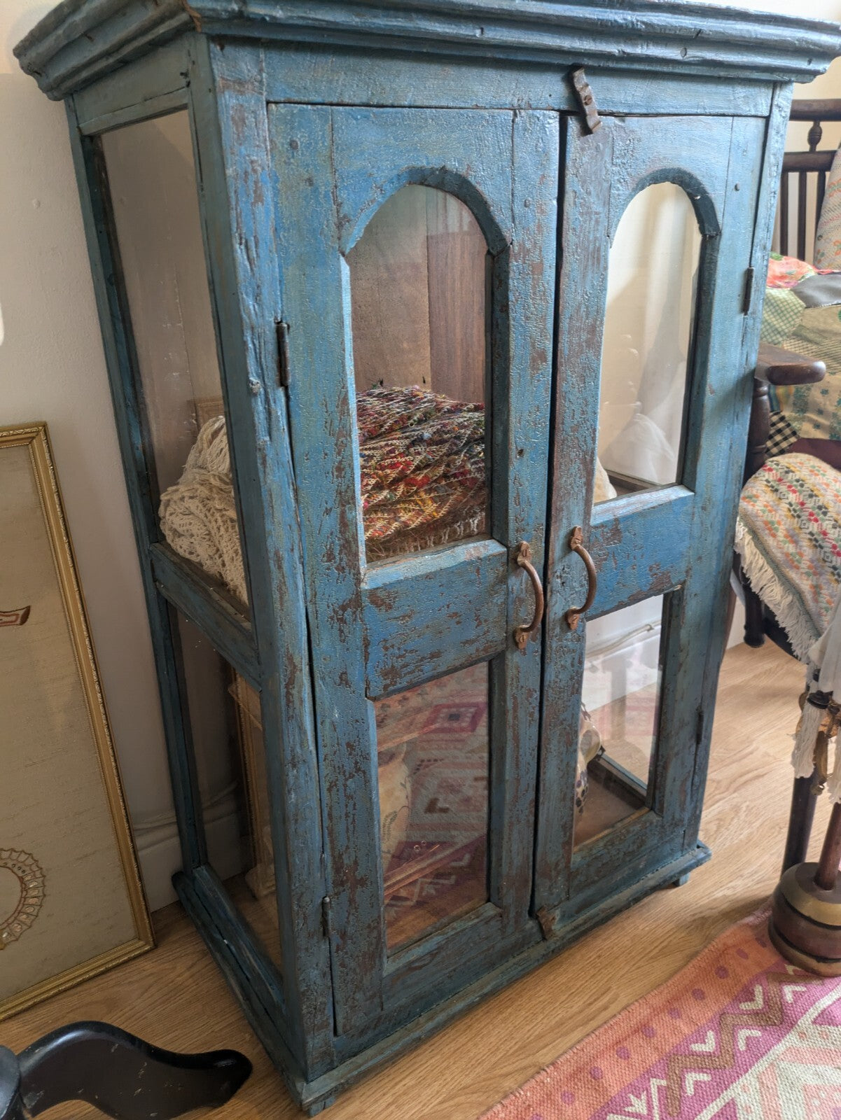 Restored Antique Vintage Indian Cabinet Cupboard Paint Glazed Reclaim Blue Arch