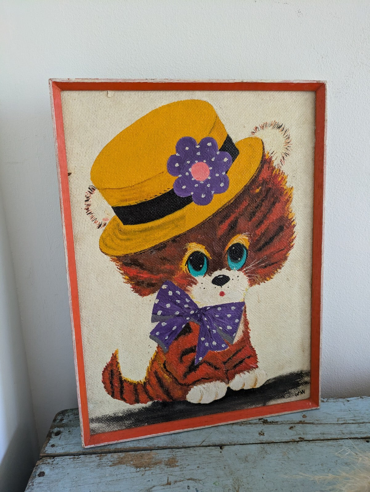 Vintage Retro Cat Kitten Painting Hand Painted Cartoon Big Head Kitsch Amateur