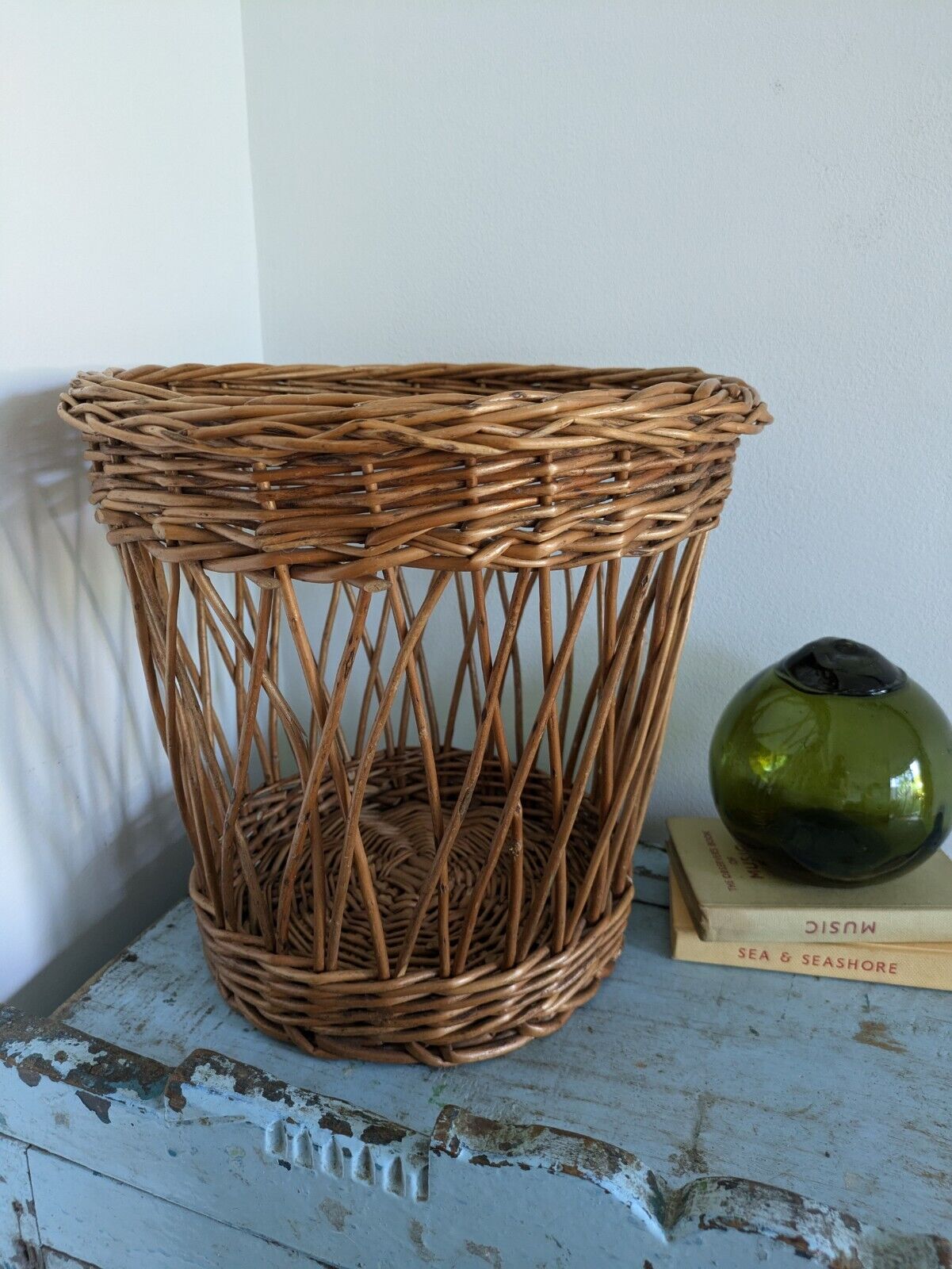Honey Rattan Round Wicker Waste Paper Basket Woven Log Wood Storage Vintage Bin