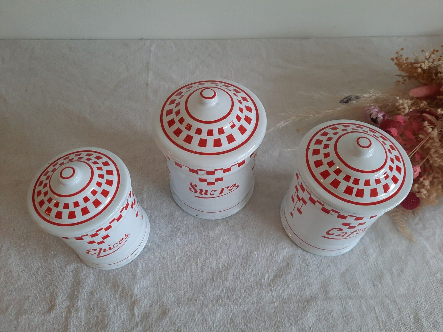 Vintage French Enamel Canisters Set-Red White Check Tins Jars Antique 20s 30s
