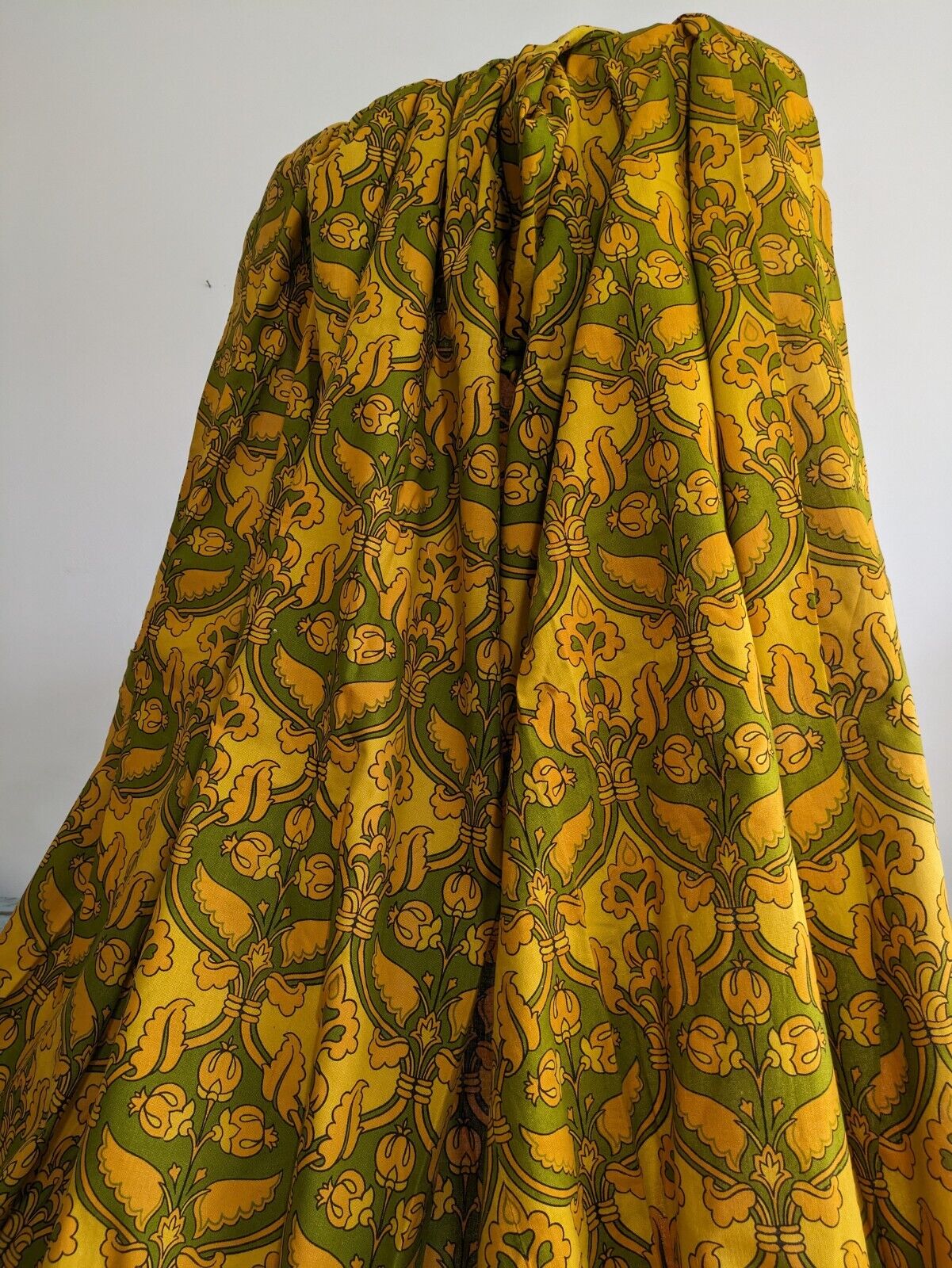 PAIR Vtg SANDERSON Renishaw Green Yellow Retro Curtains 137cmL 169cmW Bohemian