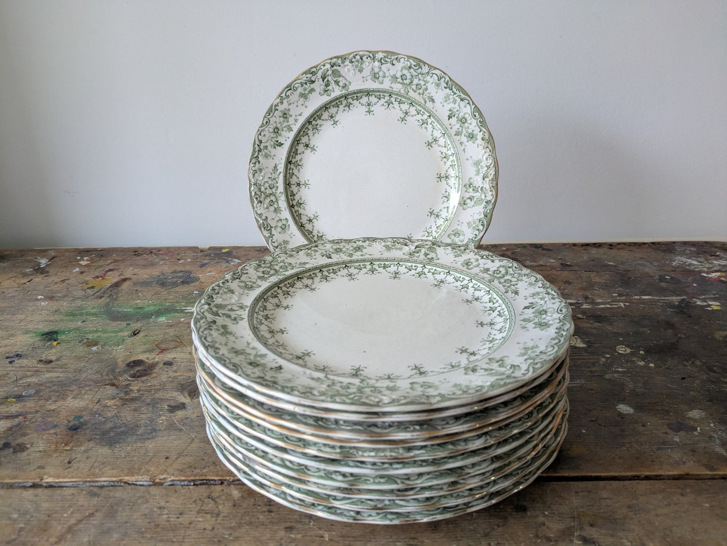 11 Rare Antique S.Hancock & Sons Warwick Dinner Plates Green Floral Serving Prop