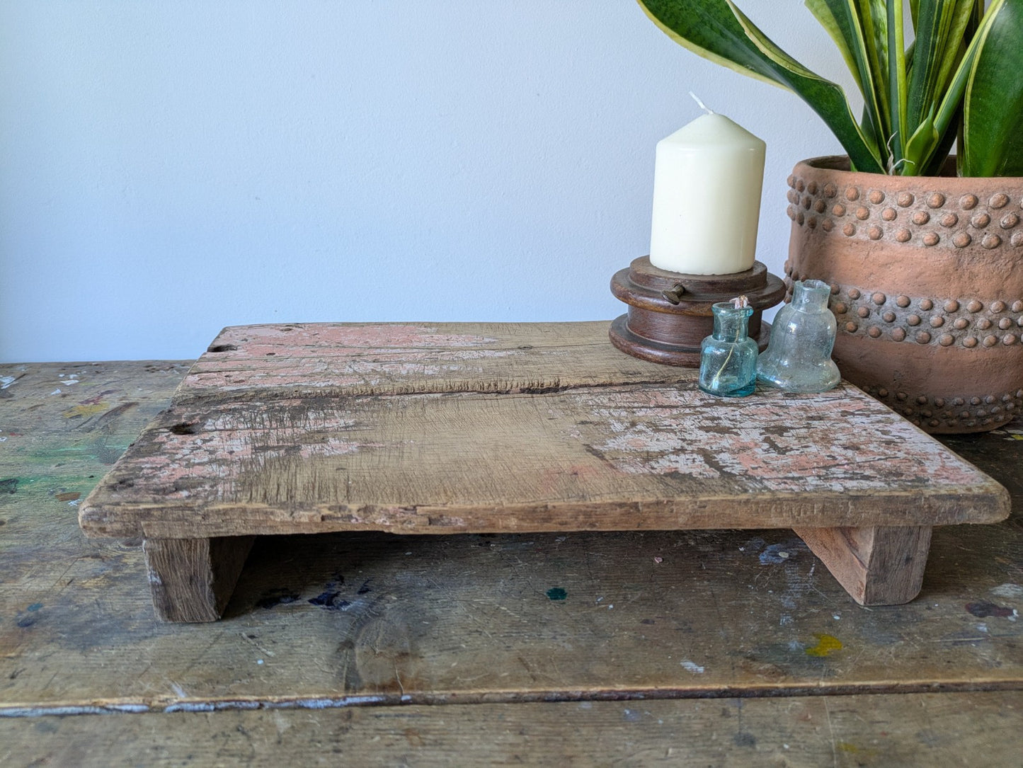 Antique Wooden Bajot Floor Sitting Stool Pink Old Hand Crafted Serving Board Vtg