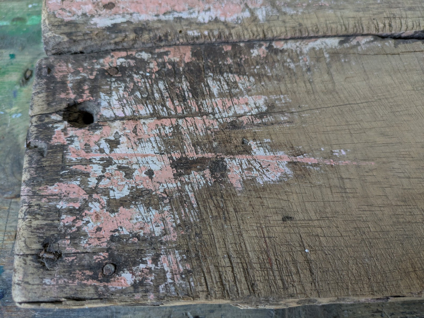Antique Wooden Bajot Floor Sitting Stool Pink Old Hand Crafted Serving Board Vtg