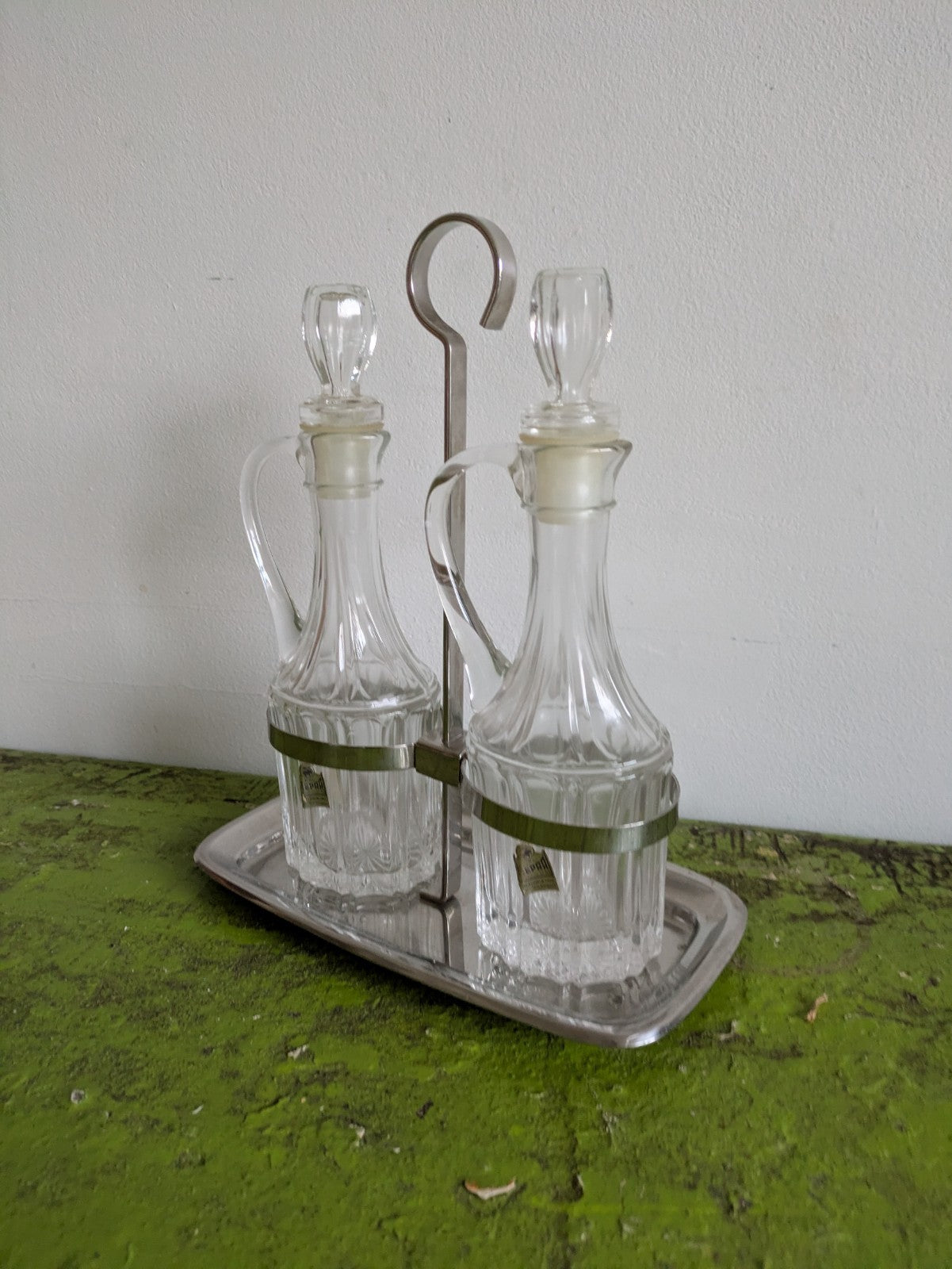 MEPRA Italy Oil Vinegar Cruet Set Service Condiment Cut Glass Holder Table VTG