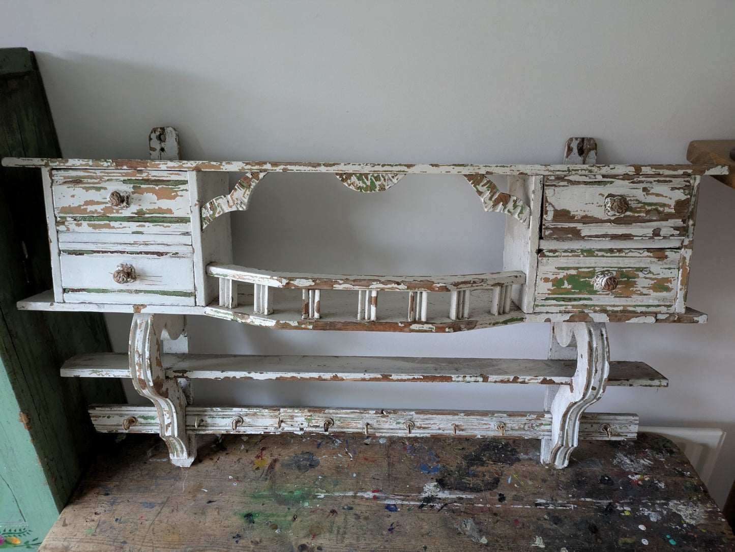 Antique 1900s Shelving Rack Wall Shelf Shelves Drawers Chippy Distressed Hooks
