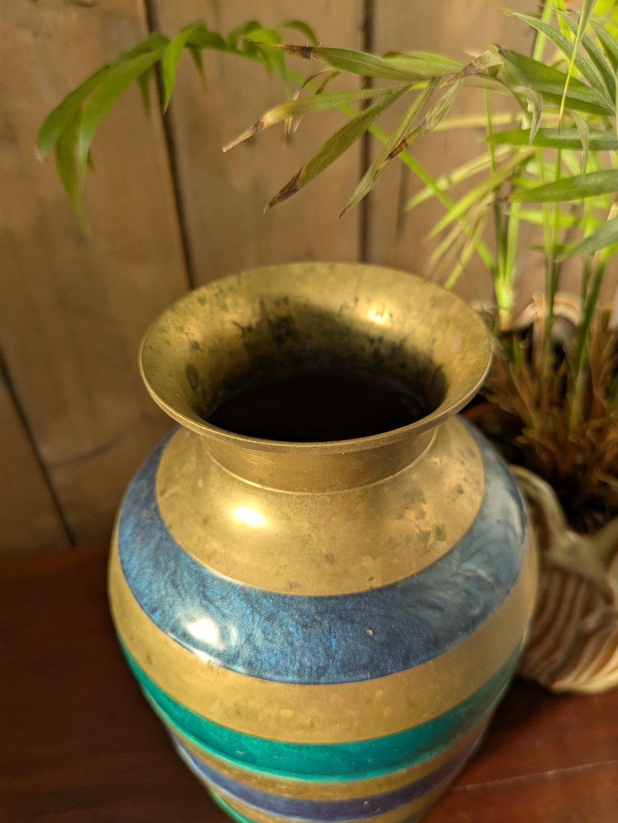 Vintage Brass Cloisonné Vase Green Blue Enamel Hand Made India Striped Large