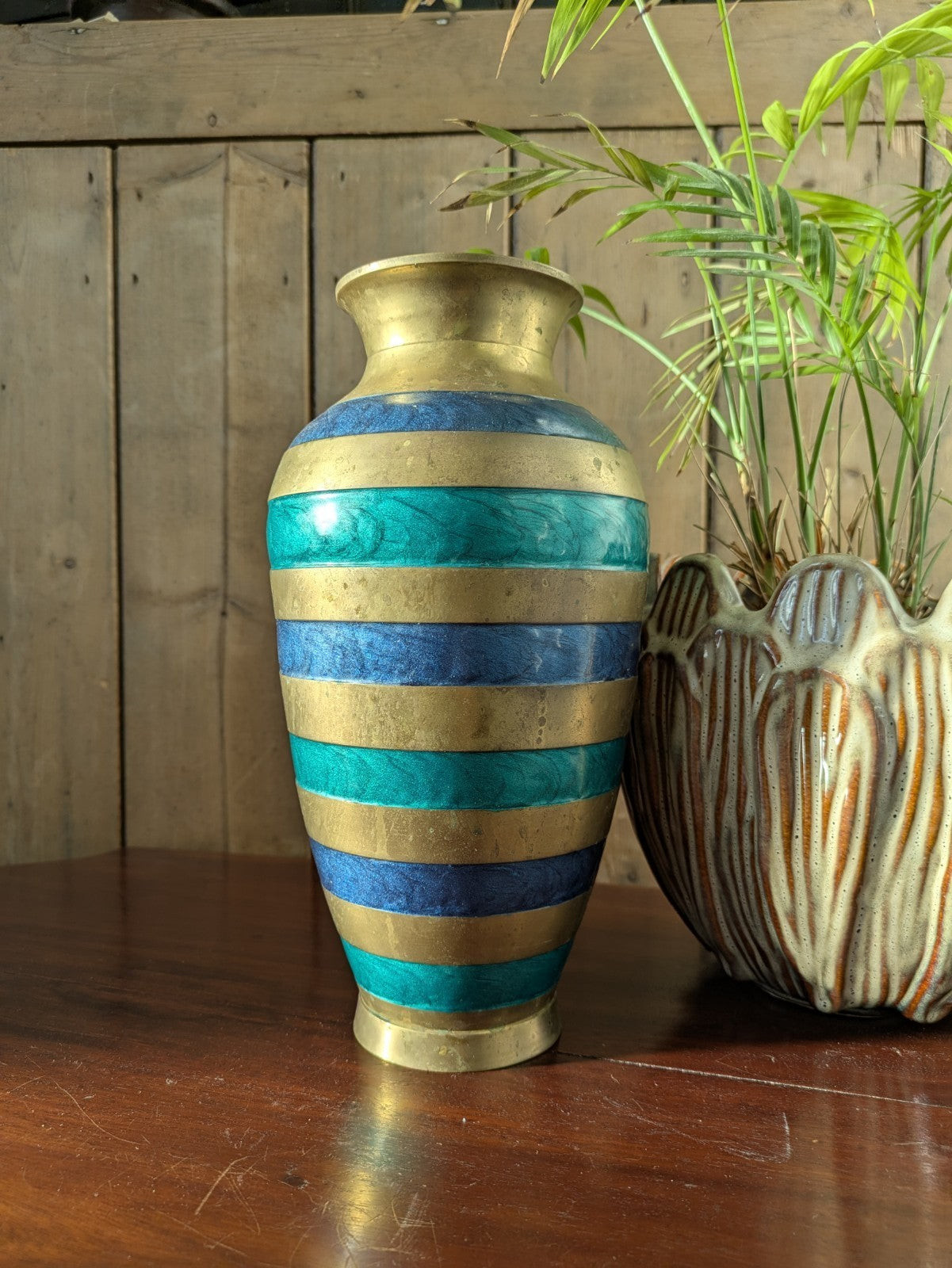 Vintage Brass Cloisonné Vase Green Blue Enamel Hand Made India Striped Large
