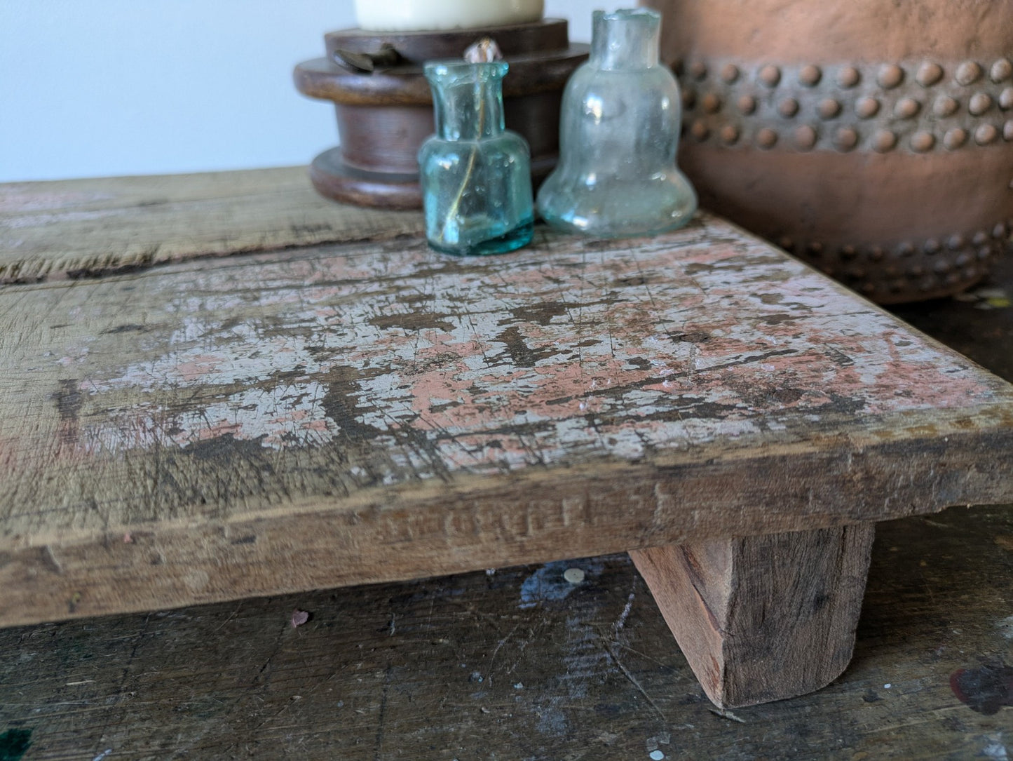 Antique Wooden Bajot Floor Sitting Stool Pink Old Hand Crafted Serving Board Vtg
