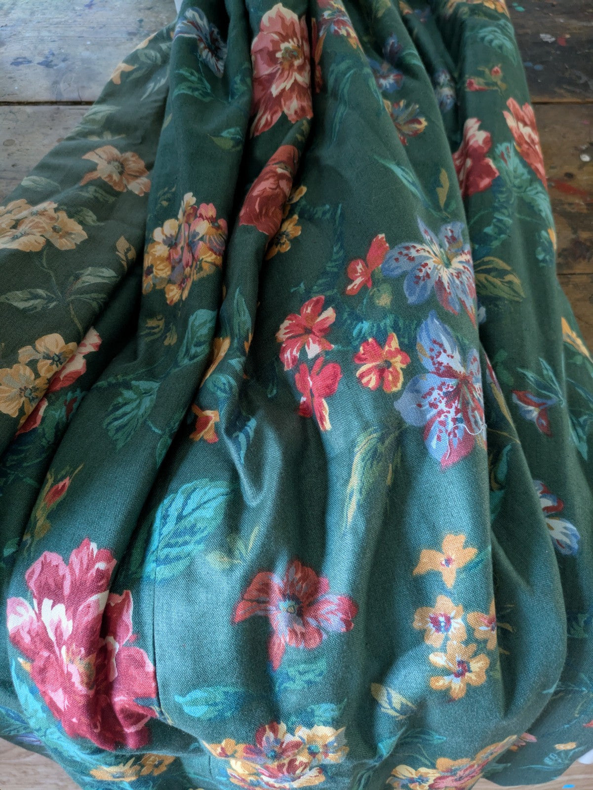 Pair Vintage Crowson Curtains Green Thermal Floral Rose English 129.5D 265cm W