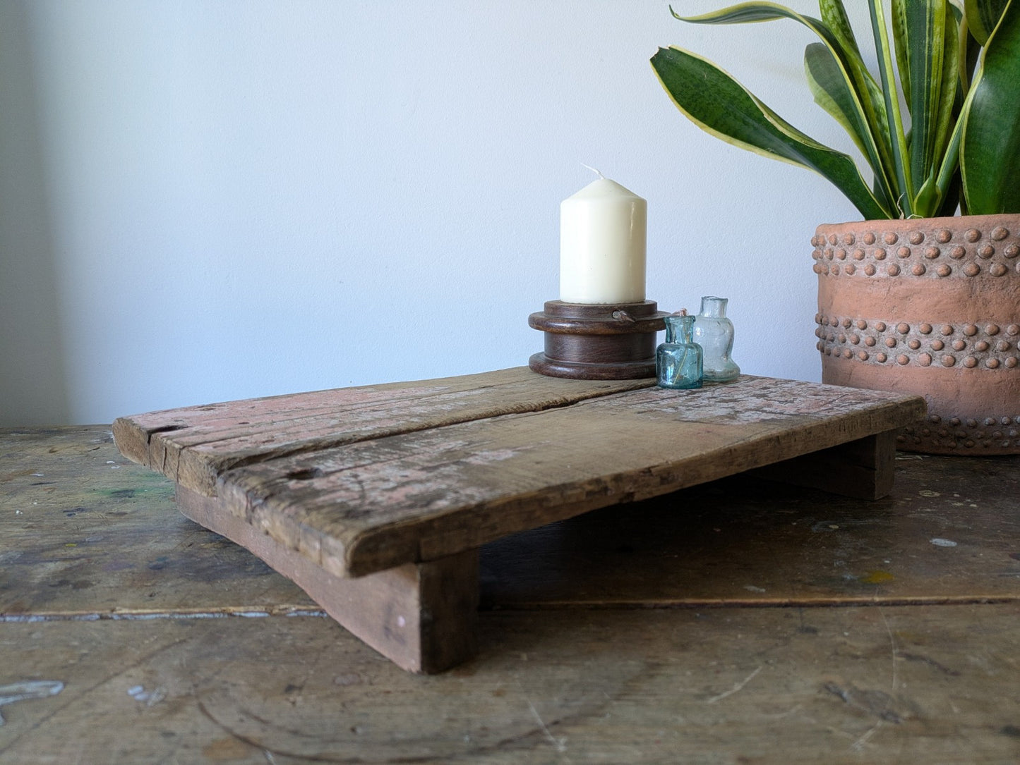 Antique Wooden Bajot Floor Sitting Stool Pink Old Hand Crafted Serving Board Vtg