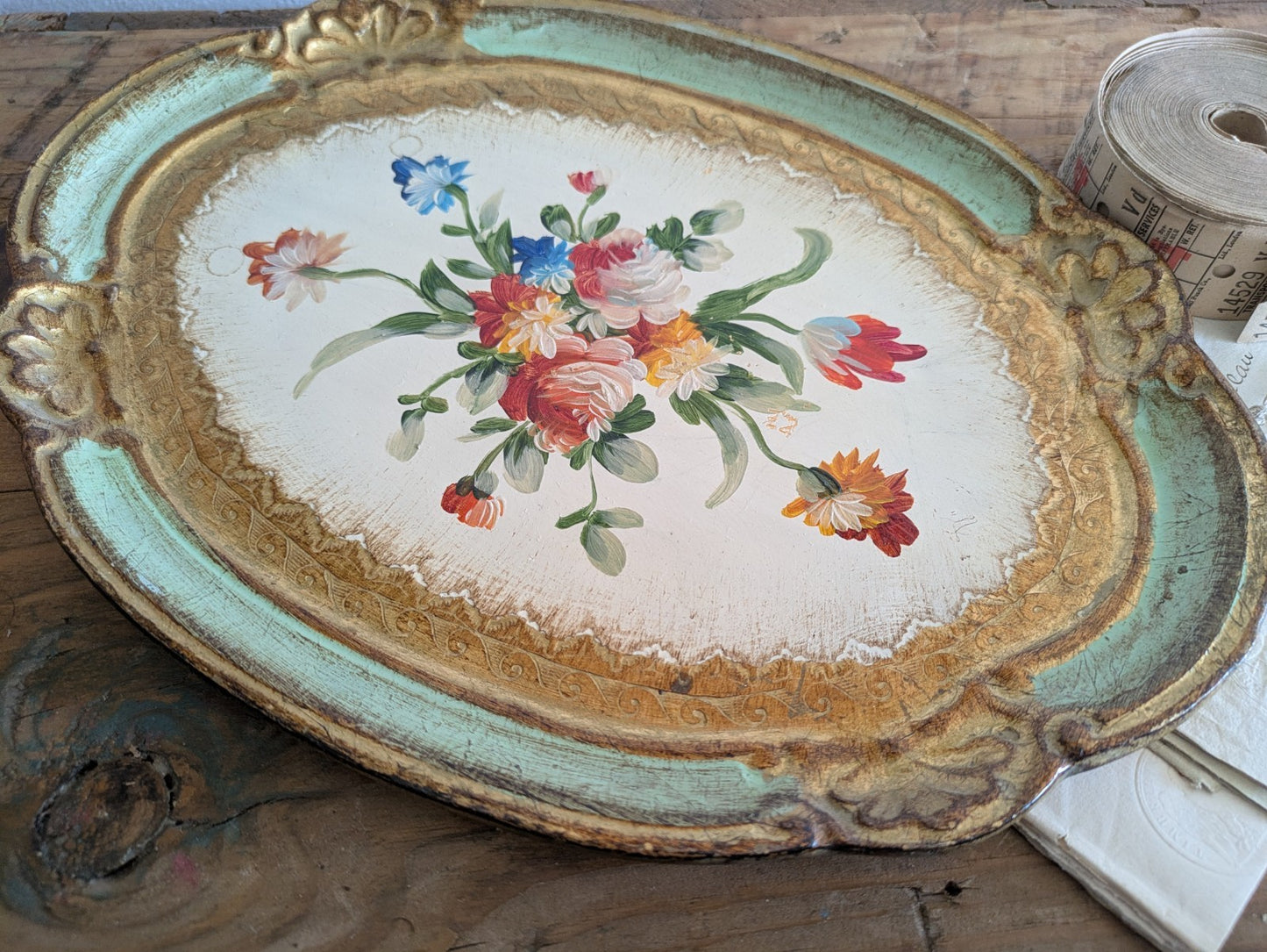 Vintage Firenze Florence Florentine Tray Handmade Italy Gold Leaf Baroque Gift