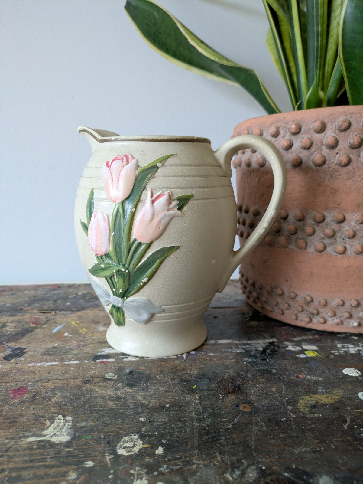 Vintage Floral 'Brentleigh Ware Jug / Vase Retro 1950s Tulips Sirene Large Vgc