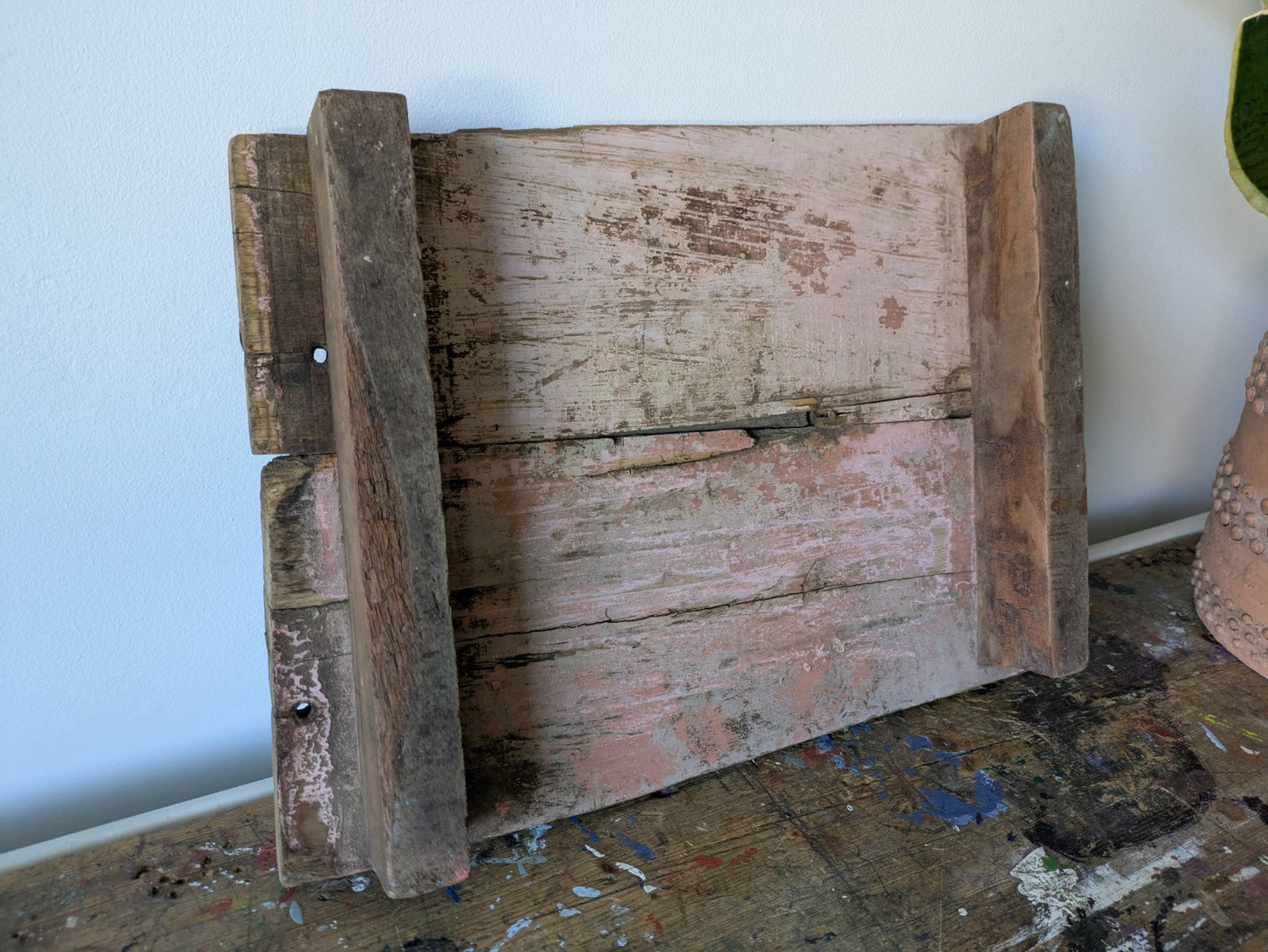 Antique Wooden Bajot Floor Sitting Stool Pink Old Hand Crafted Serving Board Vtg