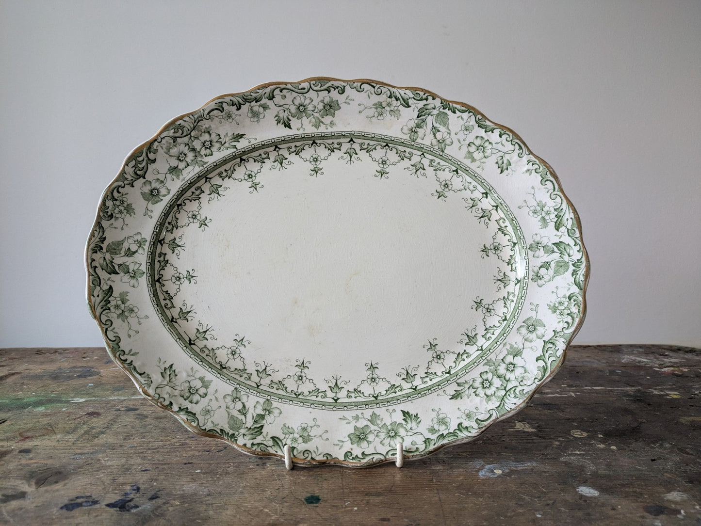 Rare Antique S.Hancock & Sons Warwick Platter Plate Green Floral Serving Prop!!!