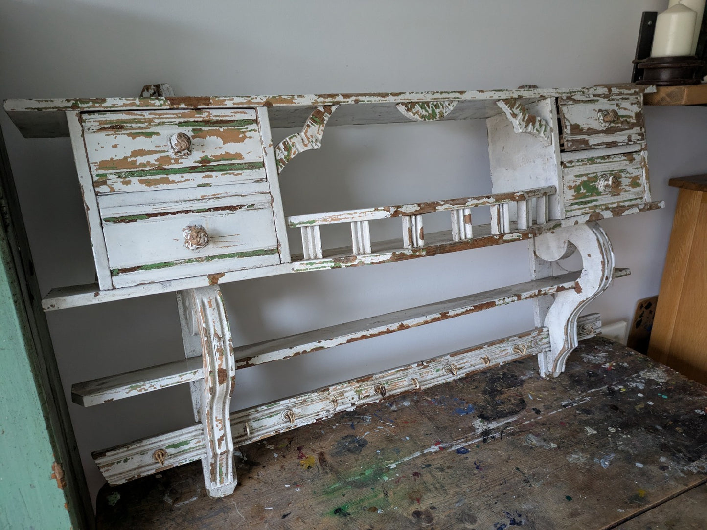 Antique 1900s Shelving Rack Wall Shelf Shelves Drawers Chippy Distressed Hooks