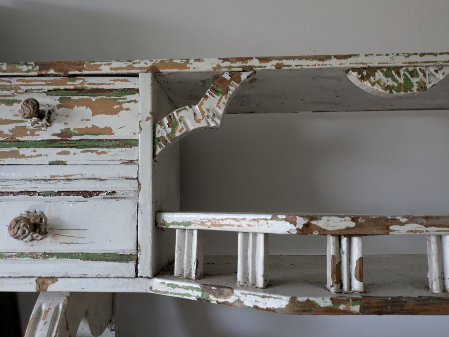 Antique 1900s Shelving Rack Wall Shelf Shelves Drawers Chippy Distressed Hooks