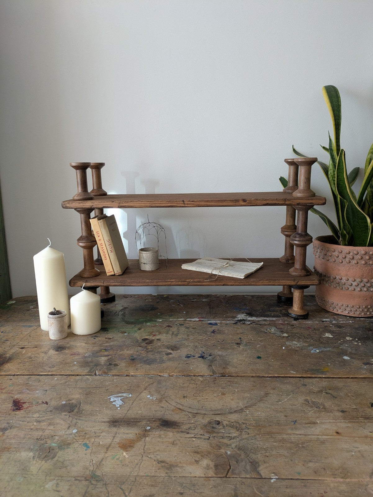 Antique Indian Reclaimed Vintage Folk Art Bobbin Spool Shelf Shelves Handmade