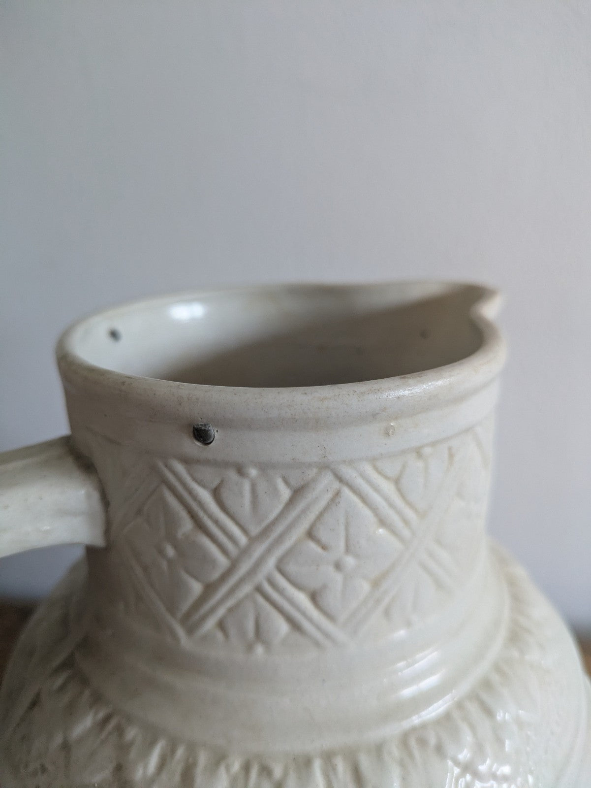 Mid 1800s Victorian Salt Glazed White Stoneware Jug Vase Antique Pitcher Floral