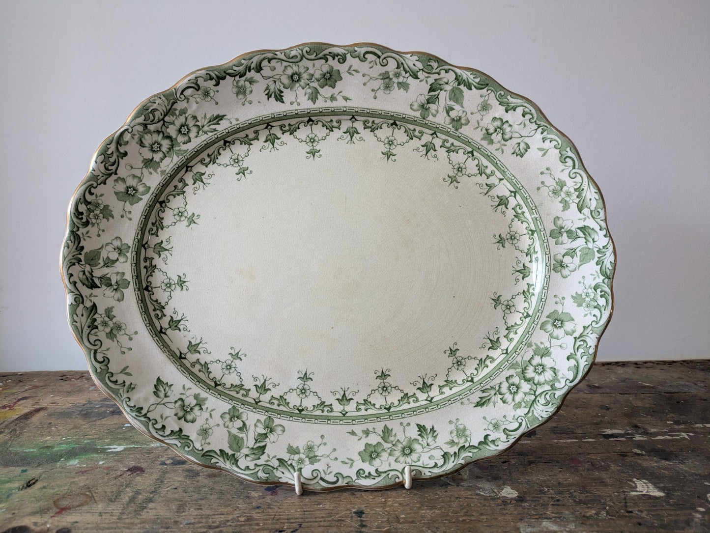 Rare Antique S.Hancock & Sons Warwick L Platter Plate Green Floral Serving Prop