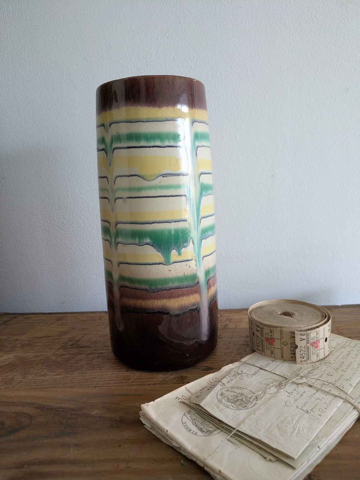 Tall mid century modern ceramic VASE German Drip Glaze pattern stripes VTG Retro
