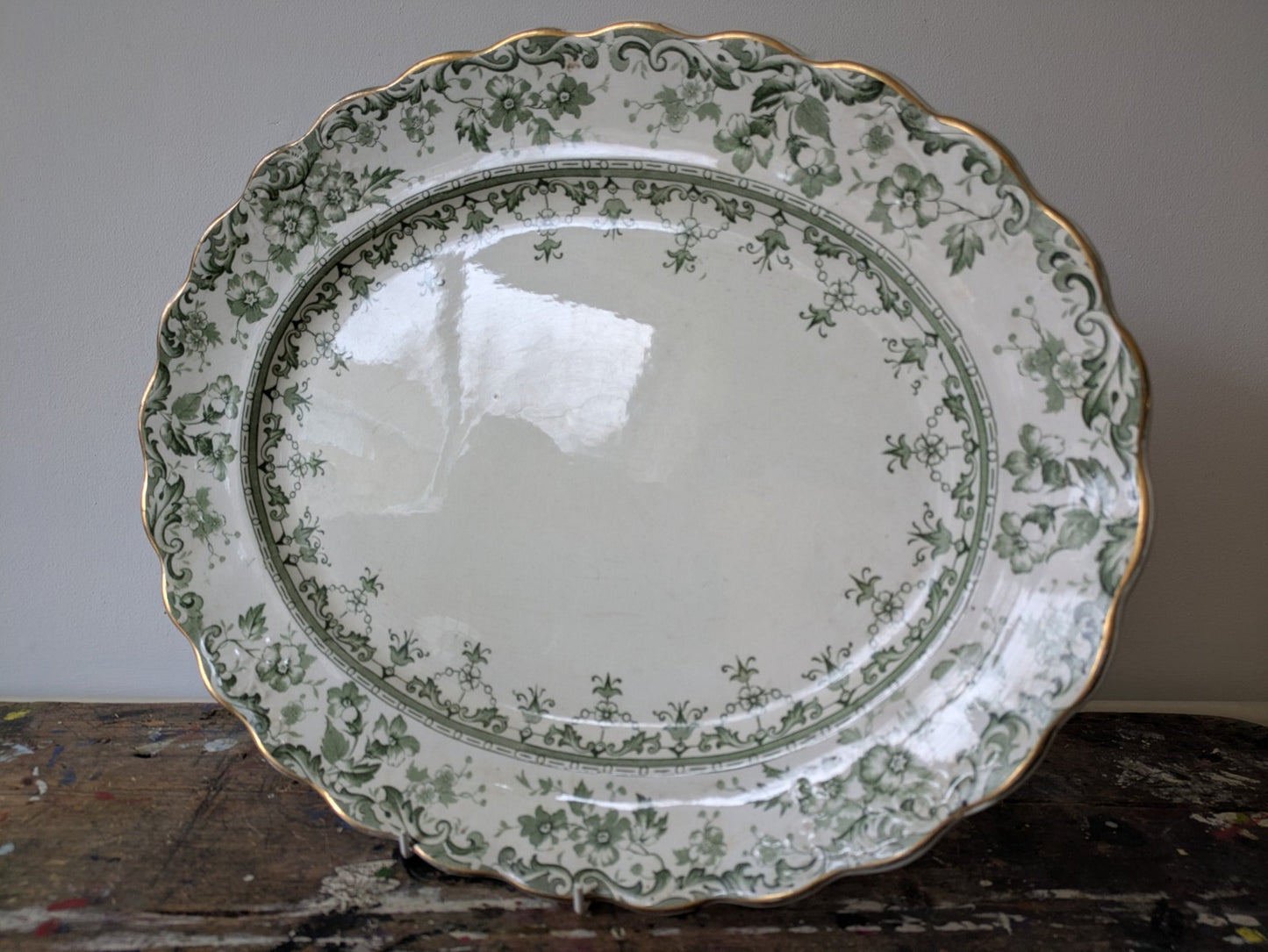Rare Antique S.Hancock & Sons Warwick XL Platter Plate Green Floral Serving Prop