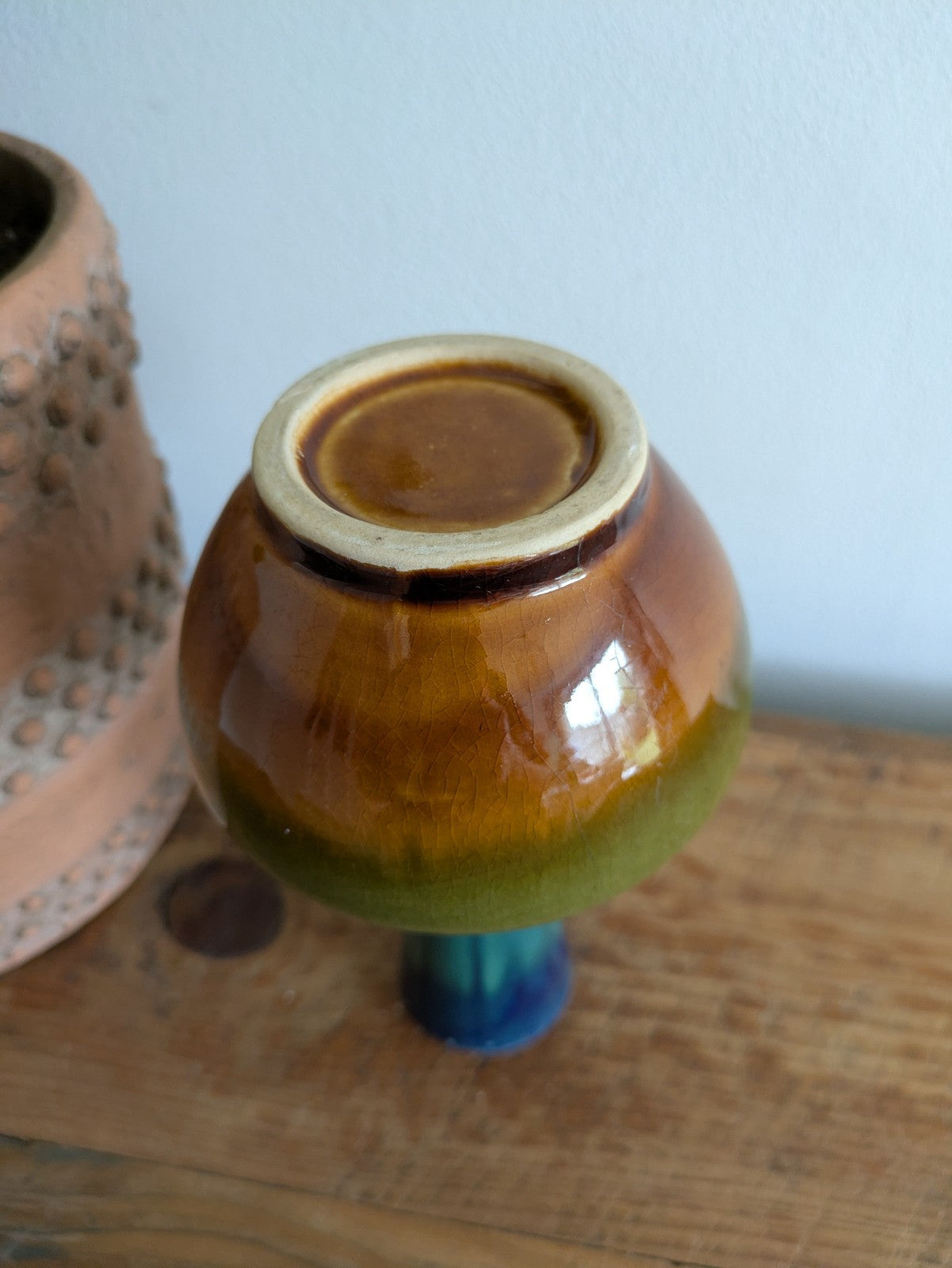 Vintage Rare Wellow Pottery Vase Bud Brown Turquoise Blue Ceramic Multicoloured