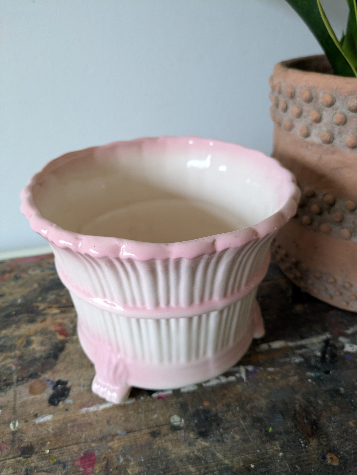 Vintage Ceramic Staffordshire planter Pink White Plant Pot Shabby Chic Kitsch