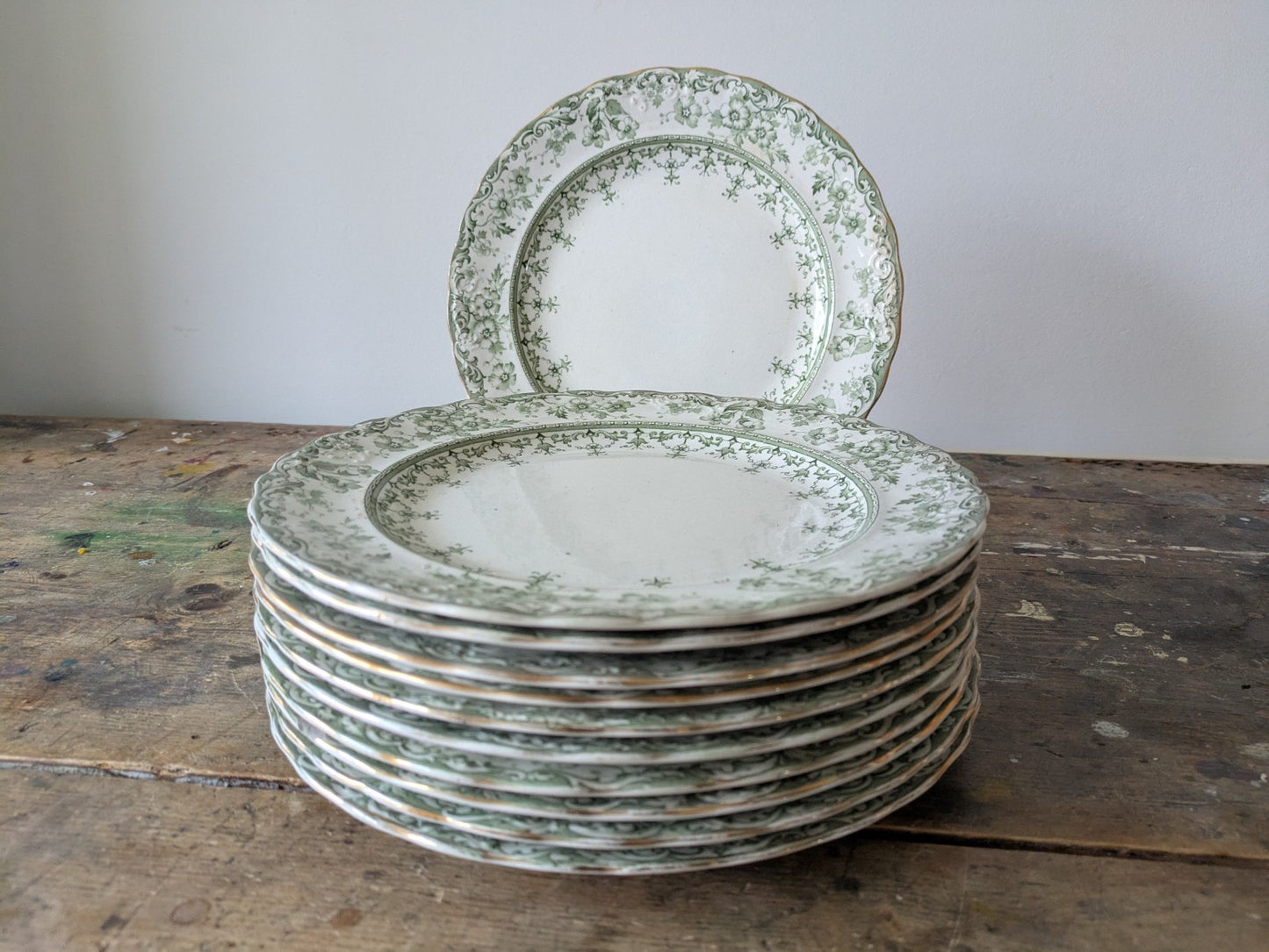 11 Rare Antique S.Hancock & Sons Warwick Dinner Plates Green Floral Serving Prop