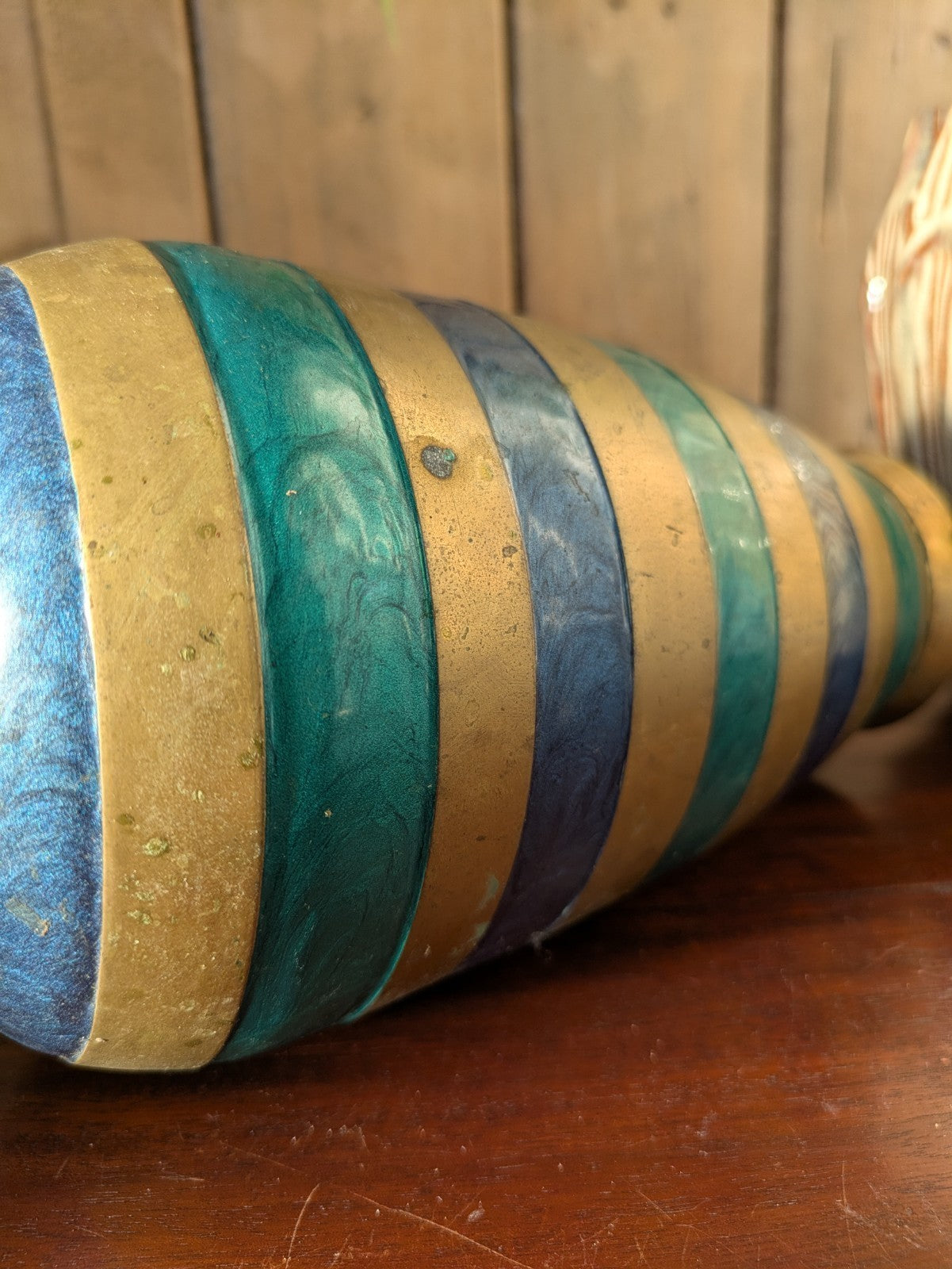 Vintage Brass Cloisonné Vase Green Blue Enamel Hand Made India Striped Large