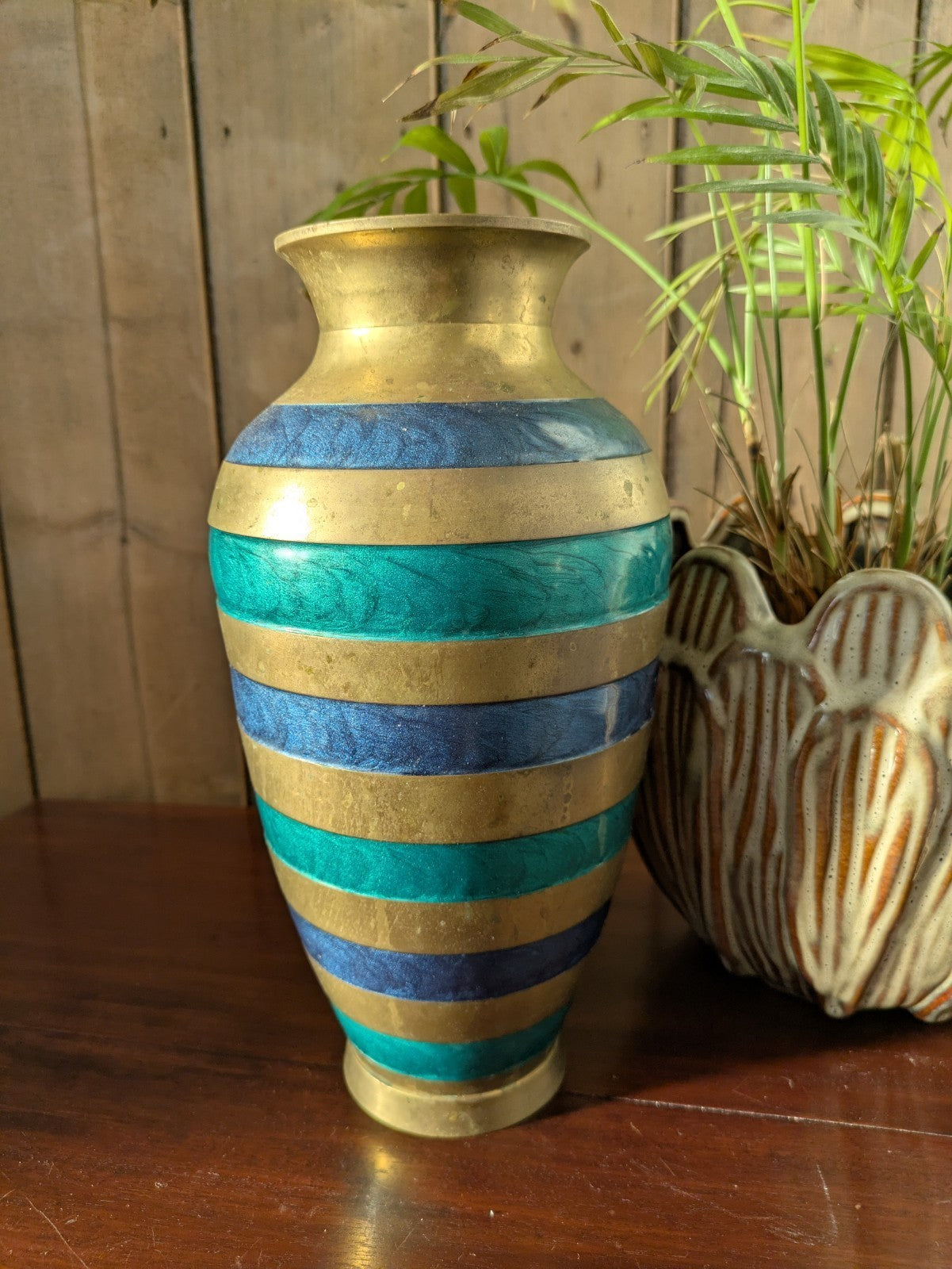 Vintage Brass Cloisonné Vase Green Blue Enamel Hand Made India Striped Large