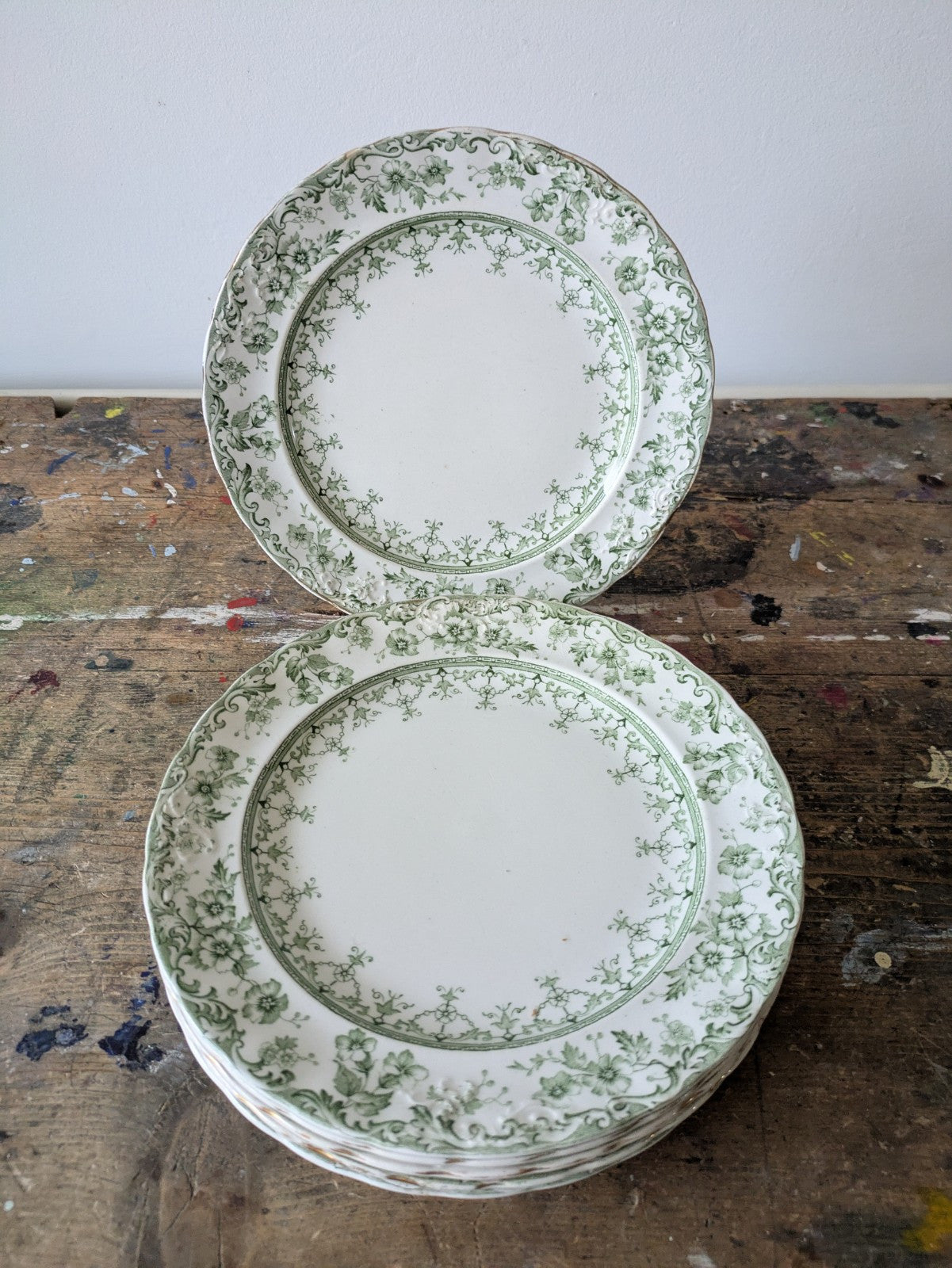 6 Rare Antique S.Hancock & Sons Warwick Side Plates Green Floral Serving Prop