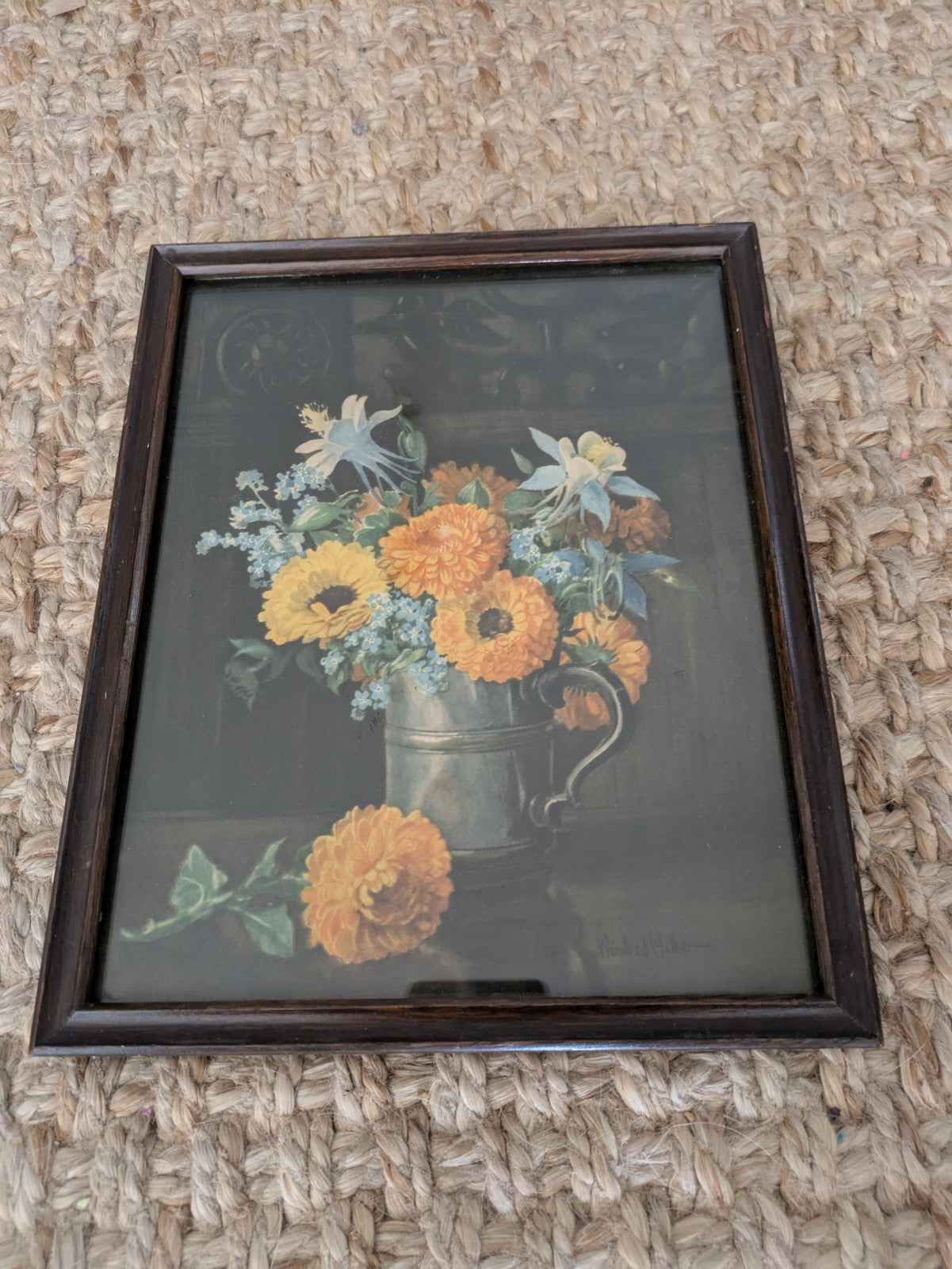 Small Vintage Framed Flowers Still Life Print Signed Winifred Walker Bouquet Old
