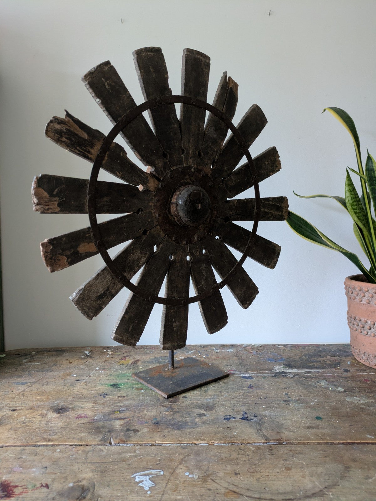 Vintage Rustic Antique Indian Silk Spinning Charkha Wheel Sculpture on Stand Vgc