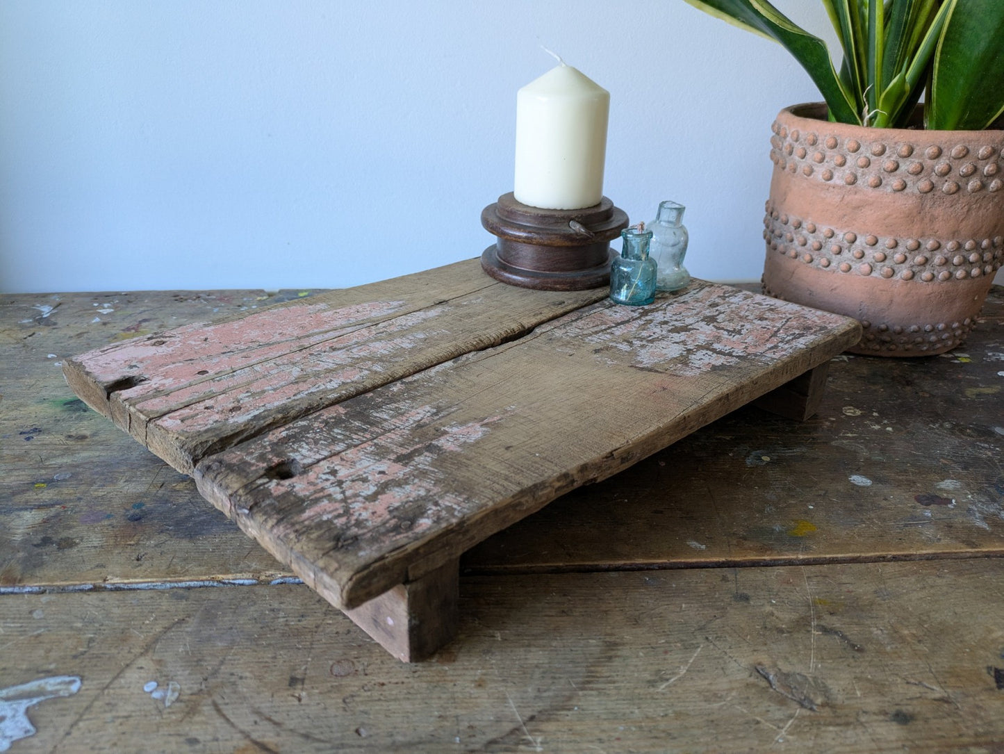 Antique Wooden Bajot Floor Sitting Stool Pink Old Hand Crafted Serving Board Vtg
