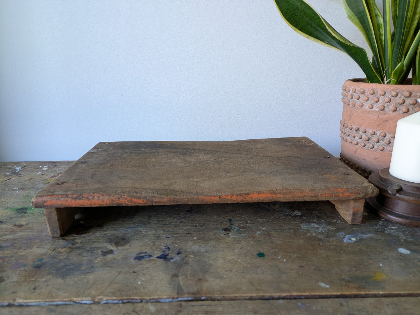 Antique Wooden Bajot Floor Sitting Stool Orange Old Hand Crafted Serving Board