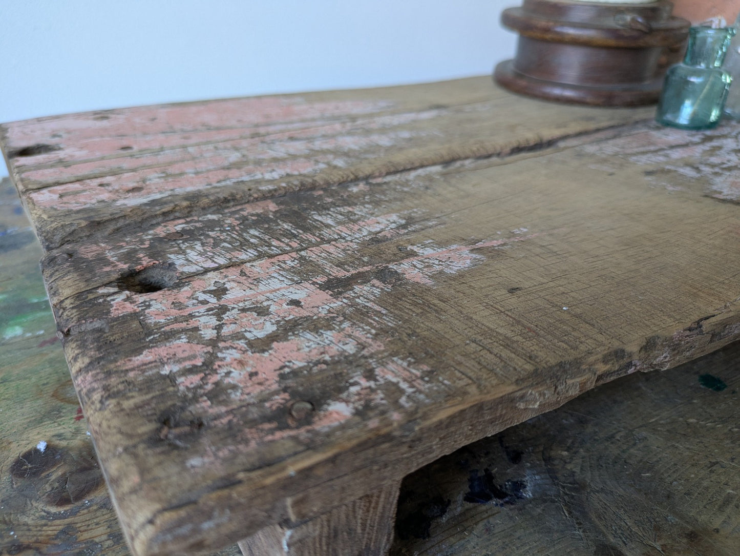 Antique Wooden Bajot Floor Sitting Stool Pink Old Hand Crafted Serving Board Vtg
