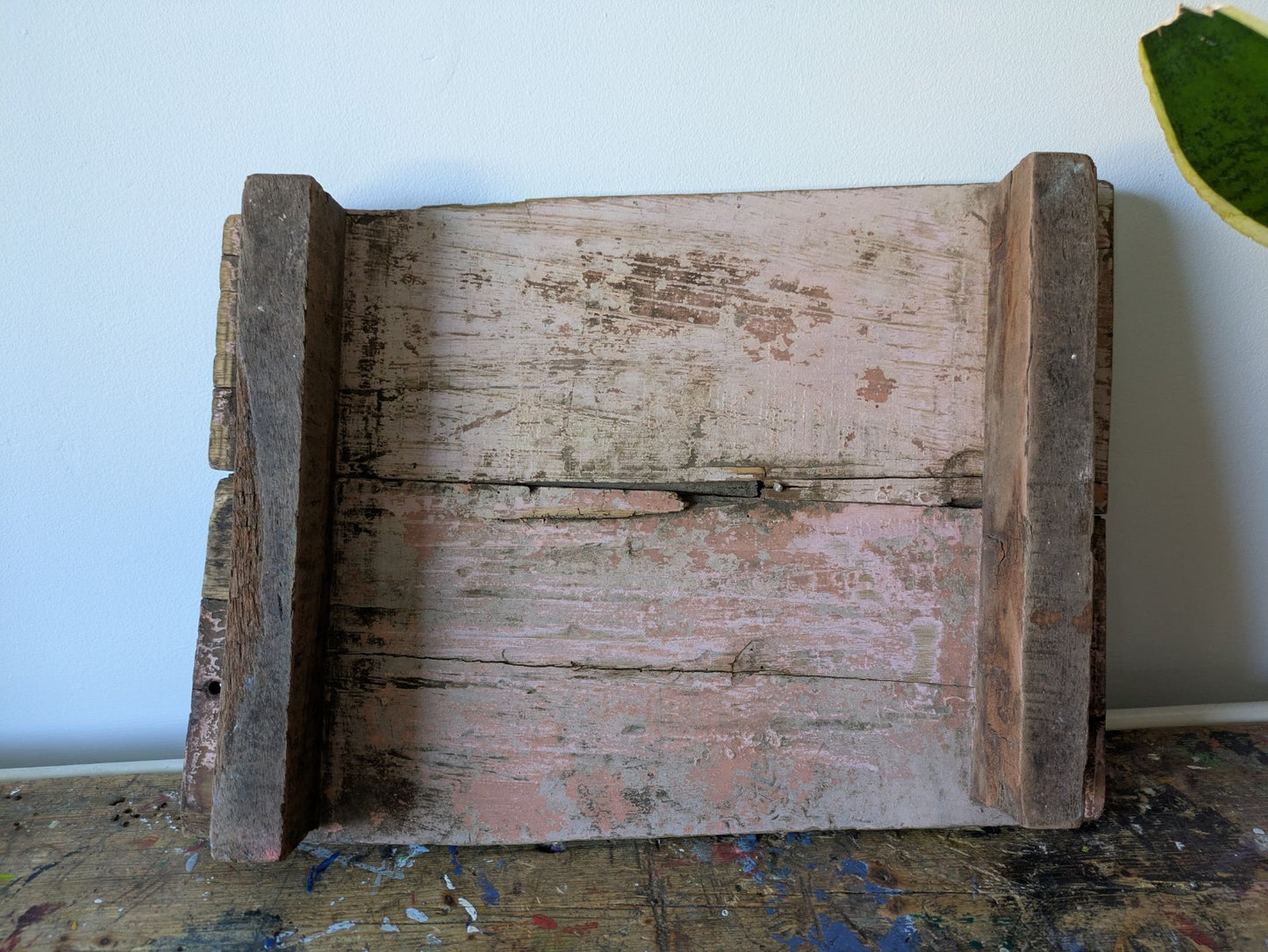 Antique Wooden Bajot Floor Sitting Stool Pink Old Hand Crafted Serving Board Vtg