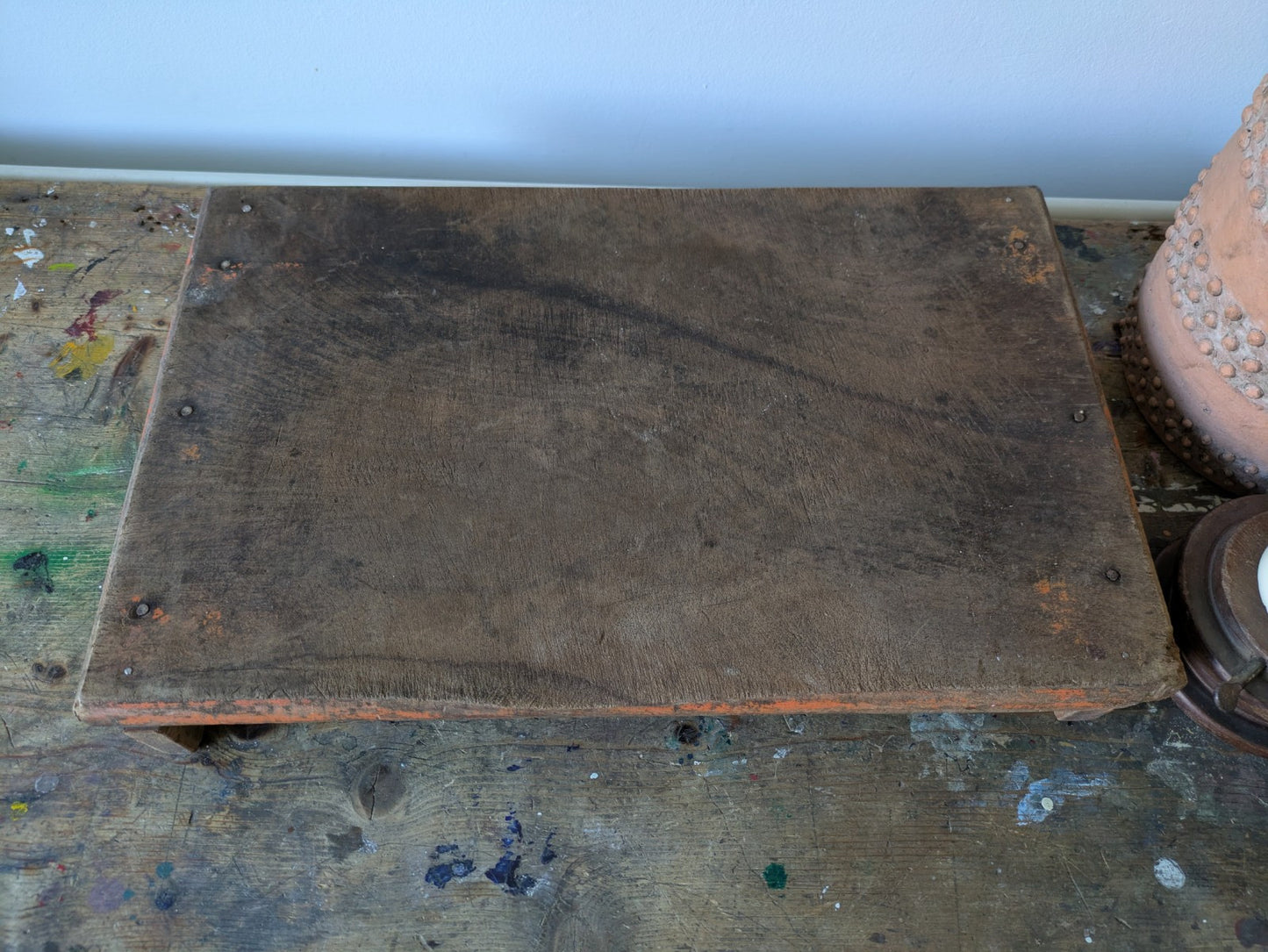 Antique Wooden Bajot Floor Sitting Stool Orange Old Hand Crafted Serving Board