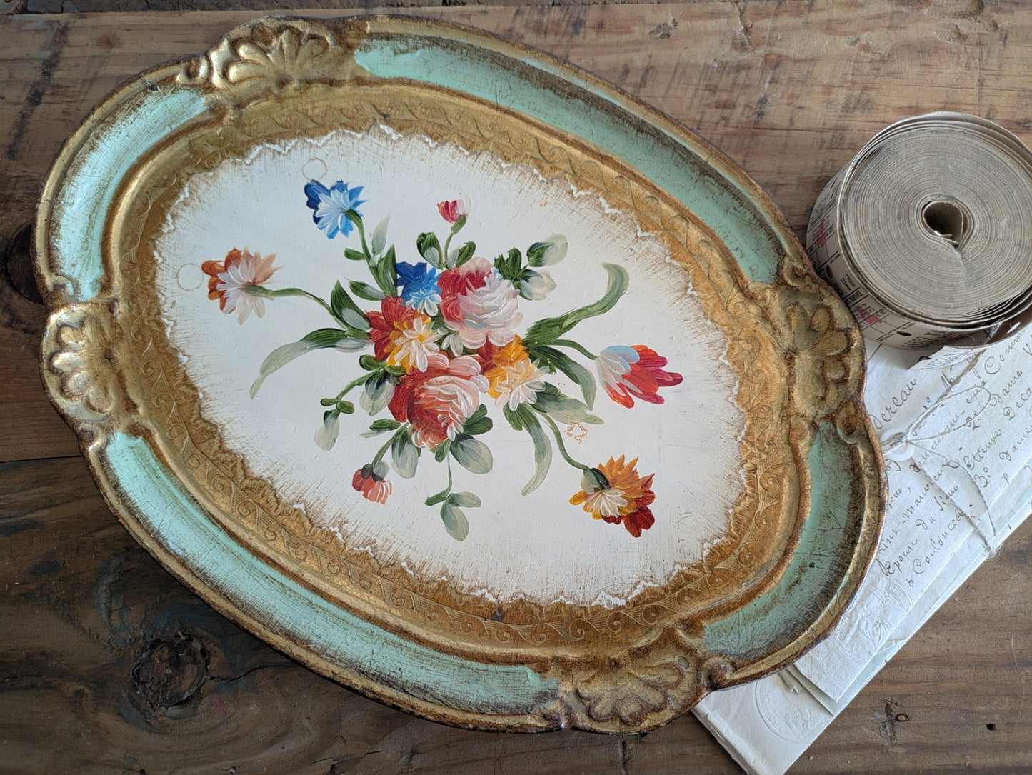 Vintage Firenze Florence Florentine Tray Handmade Italy Gold Leaf Baroque Gift