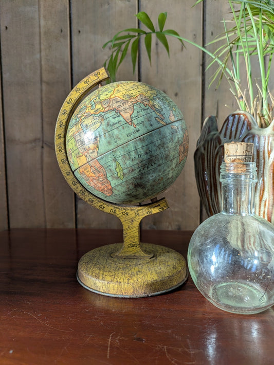 Rare 1930s Vintage Desktop Mini Tin Globe Made In Great Britain World Rotating