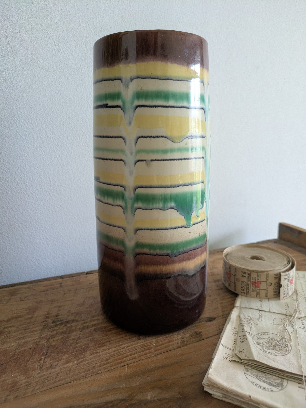 Tall mid century modern ceramic VASE German Drip Glaze pattern stripes VTG Retro