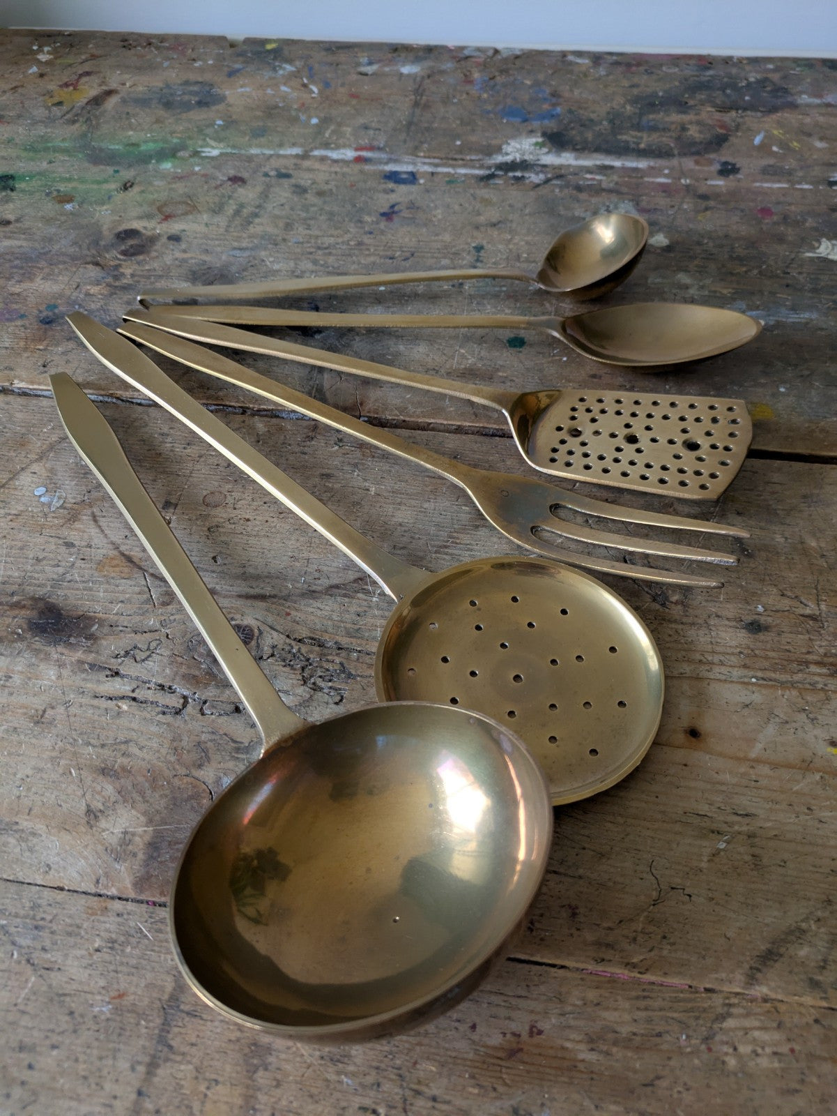 6x Vintage 1950s Heavy Solid Brass Kitchen Utensil Set Ladle Spoon Sieve Fork