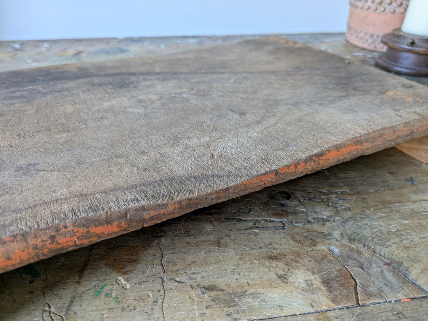 Antique Wooden Bajot Floor Sitting Stool Orange Old Hand Crafted Serving Board
