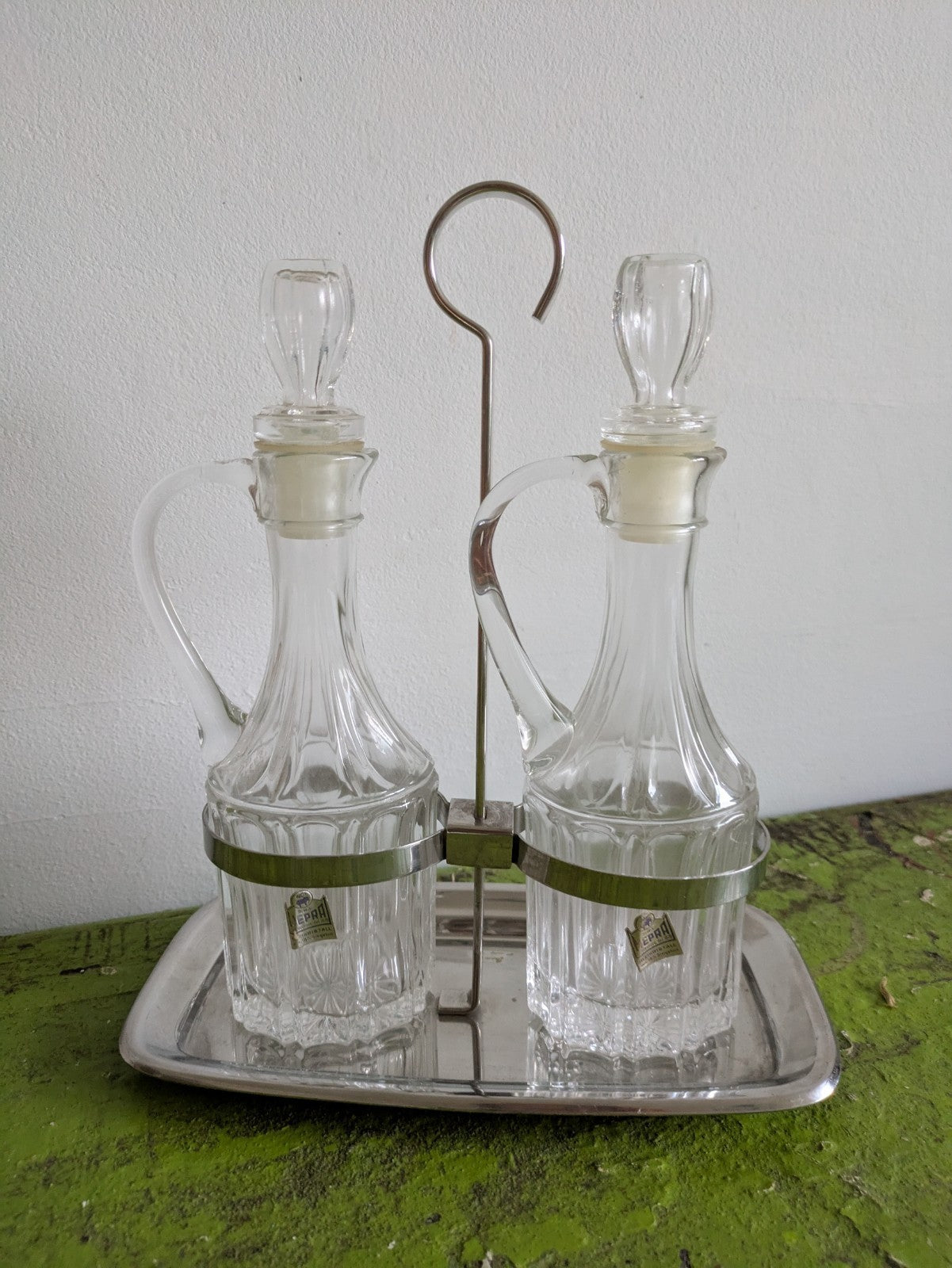 MEPRA Italy Oil Vinegar Cruet Set Service Condiment Cut Glass Holder Table VTG