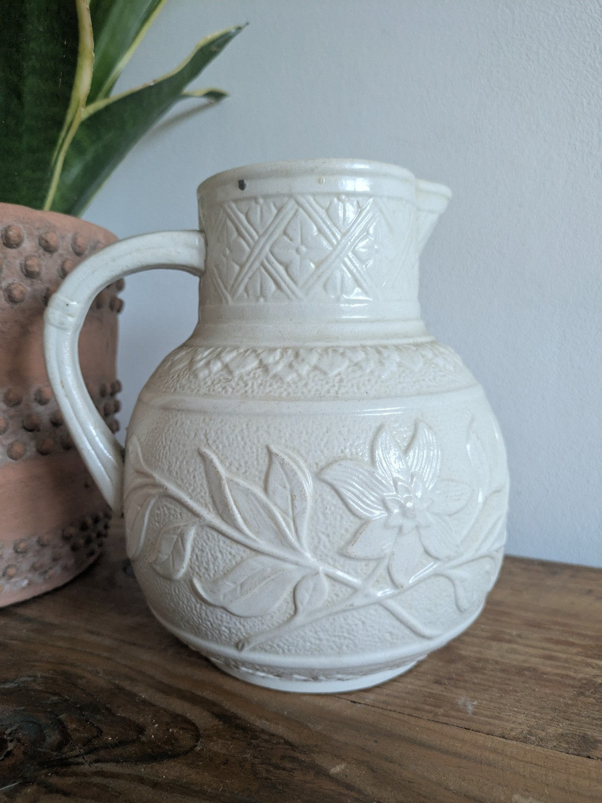 Mid 1800s Victorian Salt Glazed White Stoneware Jug Vase Antique Pitcher Floral