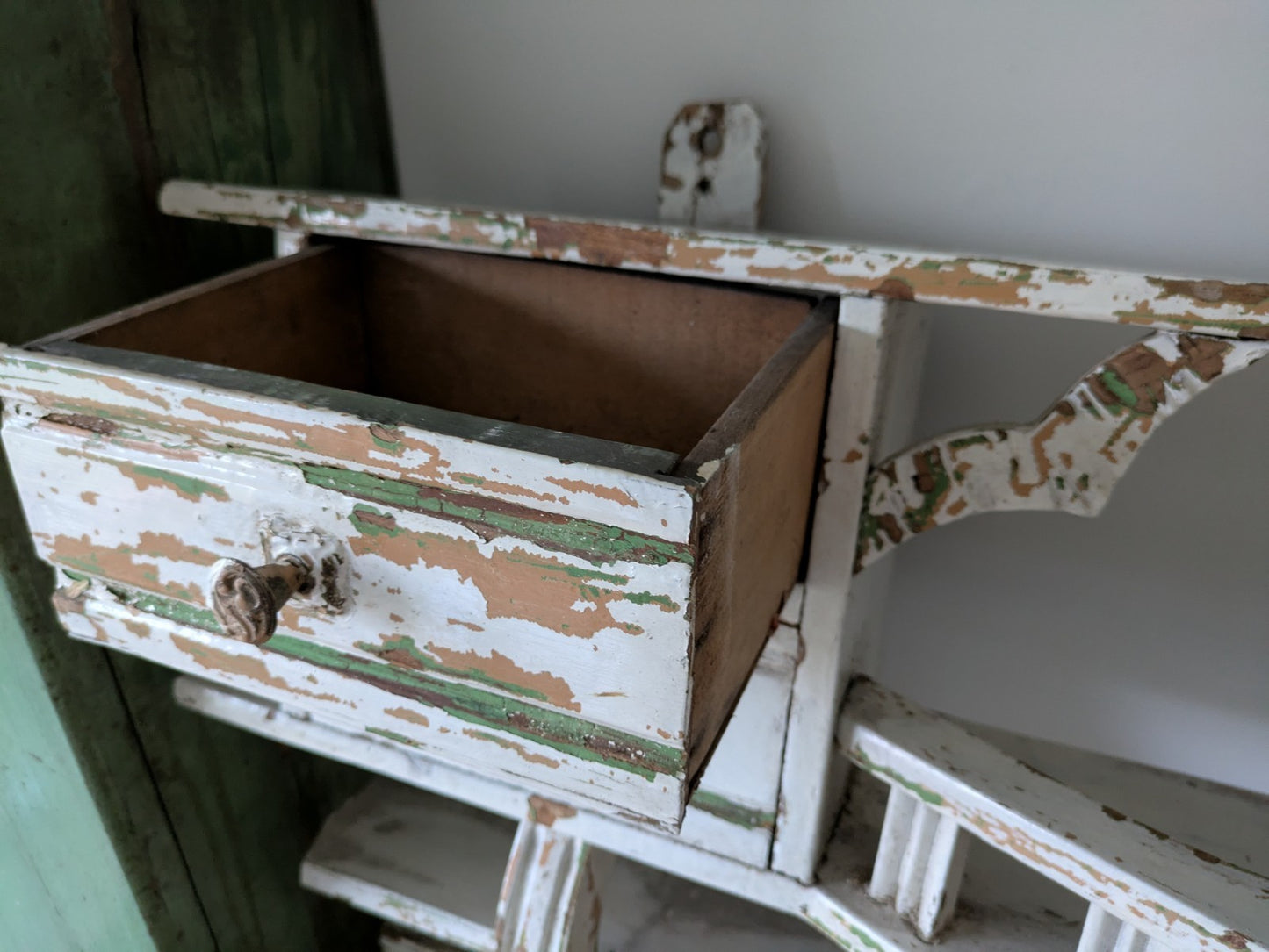 Antique 1900s Shelving Rack Wall Shelf Shelves Drawers Chippy Distressed Hooks