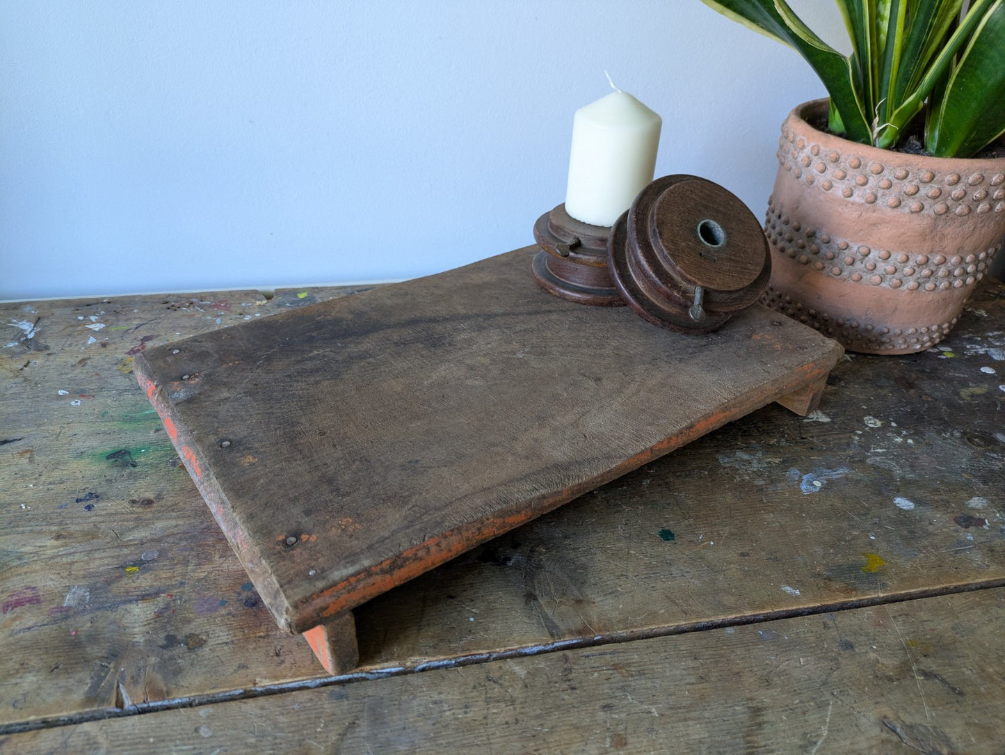 Antique Wooden Bajot Floor Sitting Stool Orange Old Hand Crafted Serving Board