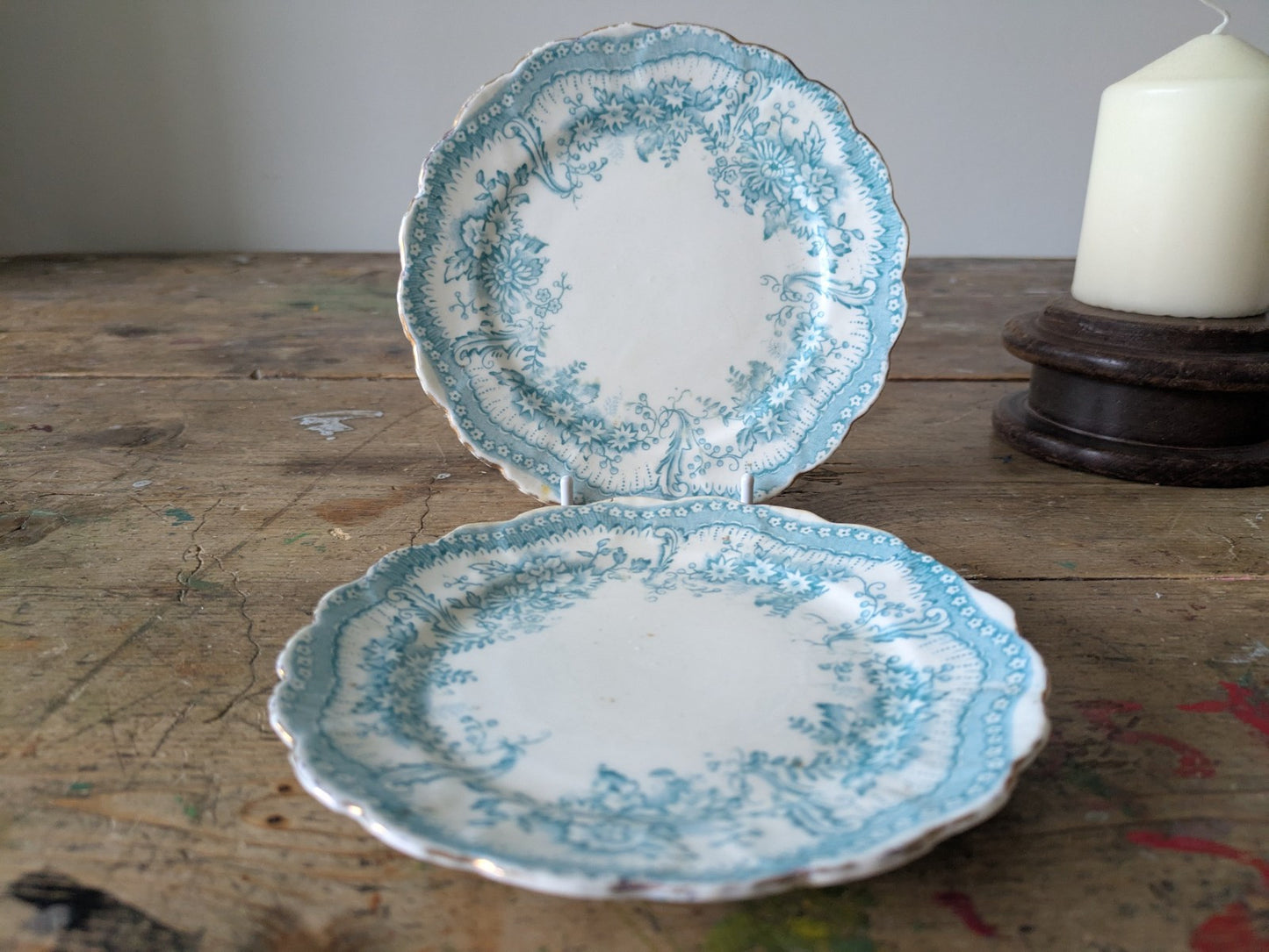 2 x Antique/Edwardian Blue China Side Plate Vintage 1880-1900s Floral Plates Vgc