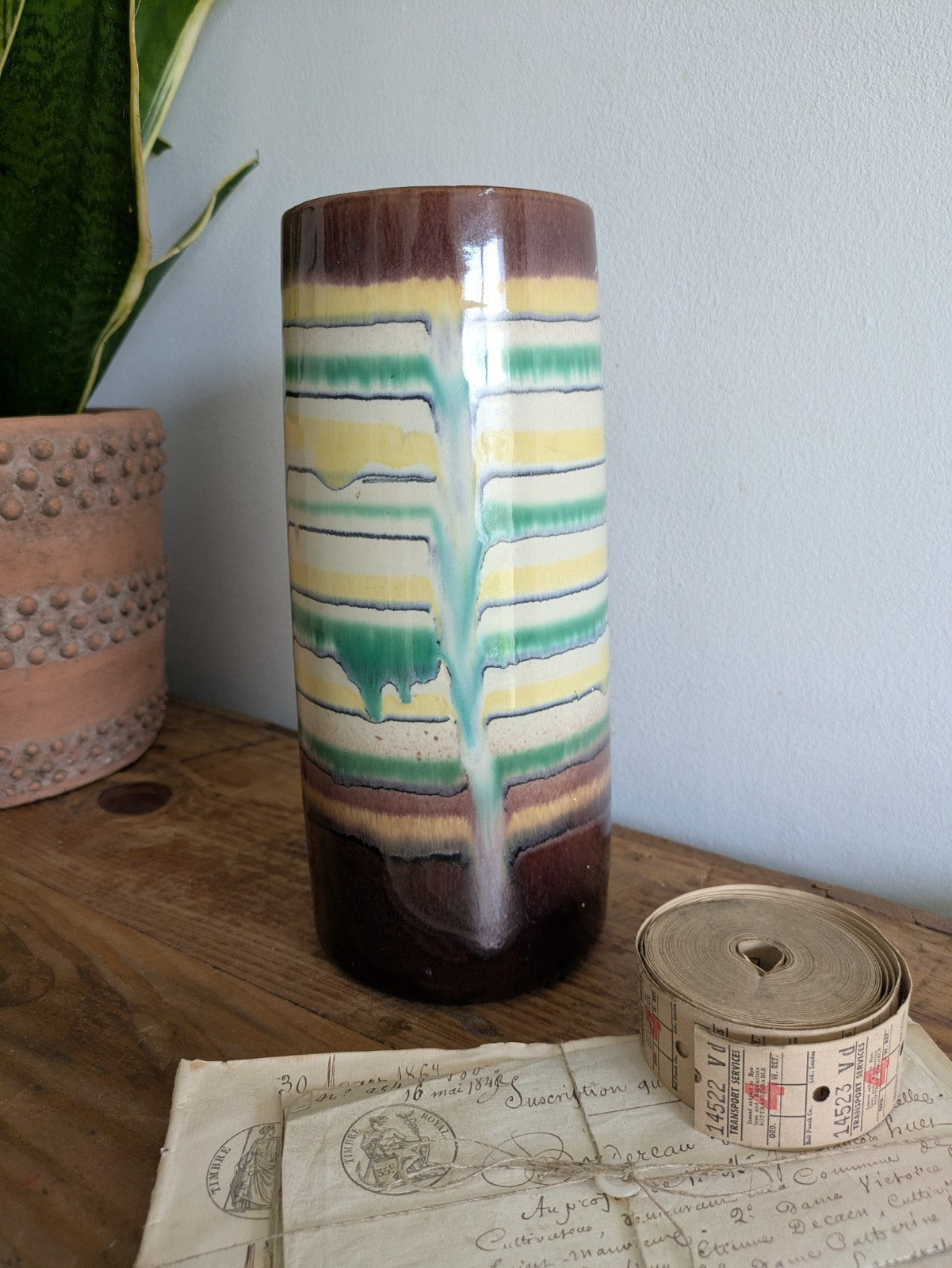 Tall mid century modern ceramic VASE German Drip Glaze pattern stripes VTG Retro